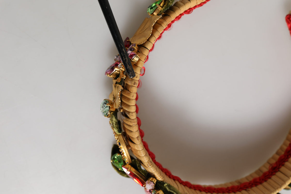 Dolce & Gabbana Multicolor Crystal Floral Gold Green Velvet Crown Headband