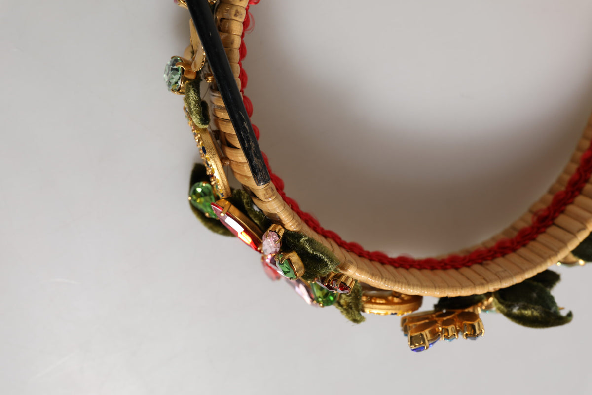 Dolce & Gabbana Multicolor Crystal Floral Gold Green Velvet Crown Headband