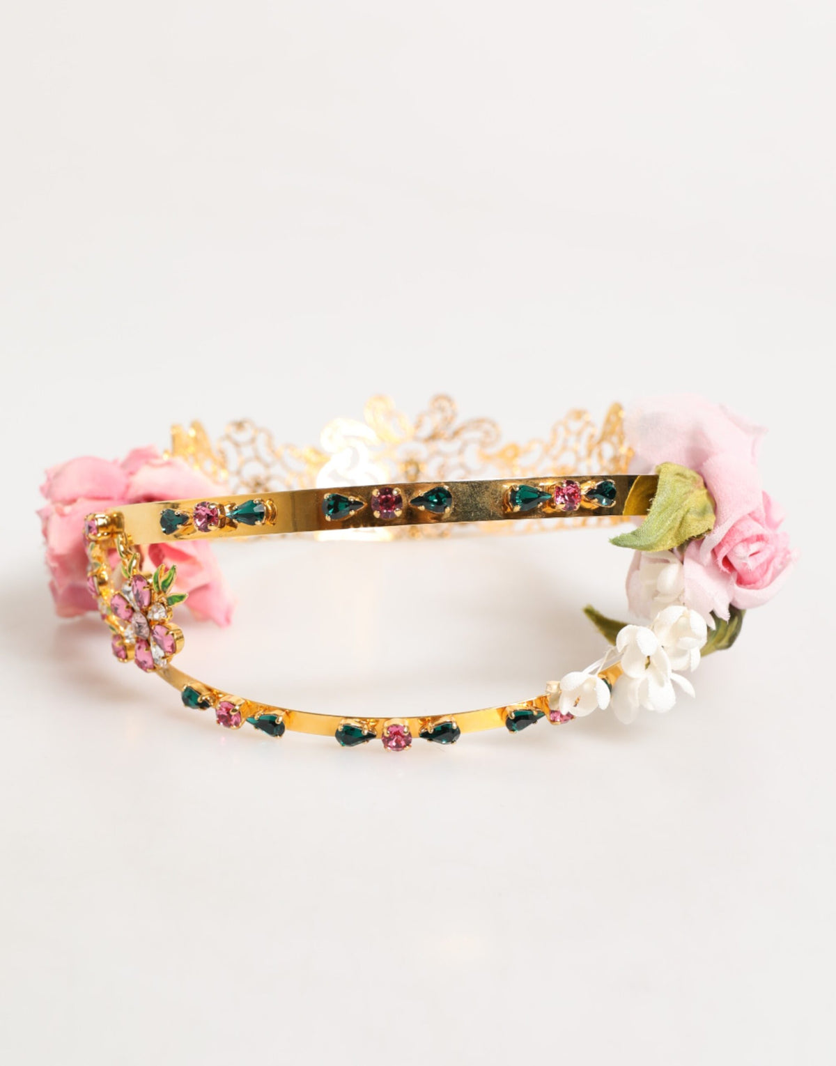 Dolce & Gabbana Gold Floral Tiara Pink Roses Crystal Crown Headband