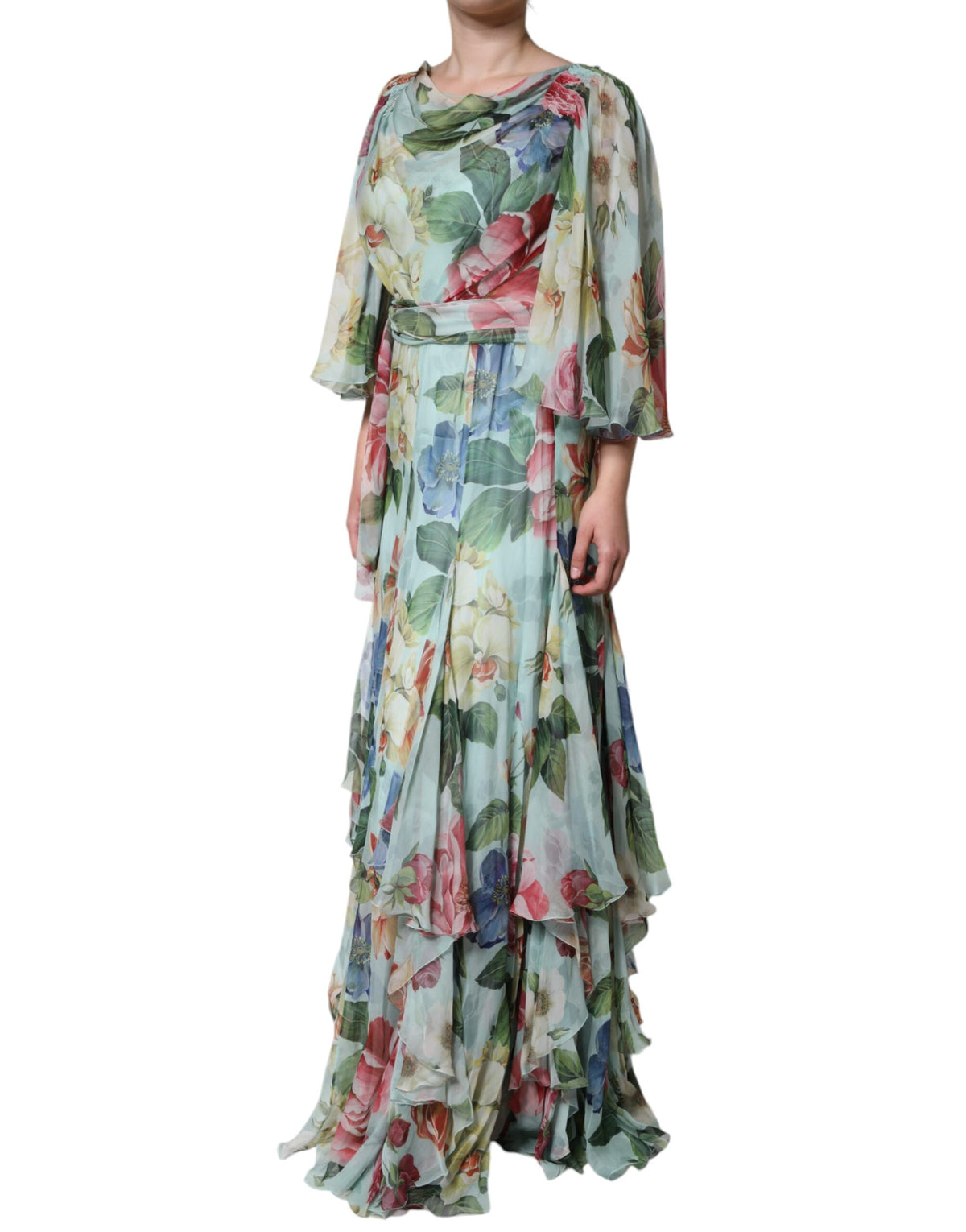 Dolce & Gabbana Blue Floral Print Tiered Long Maxi Dress