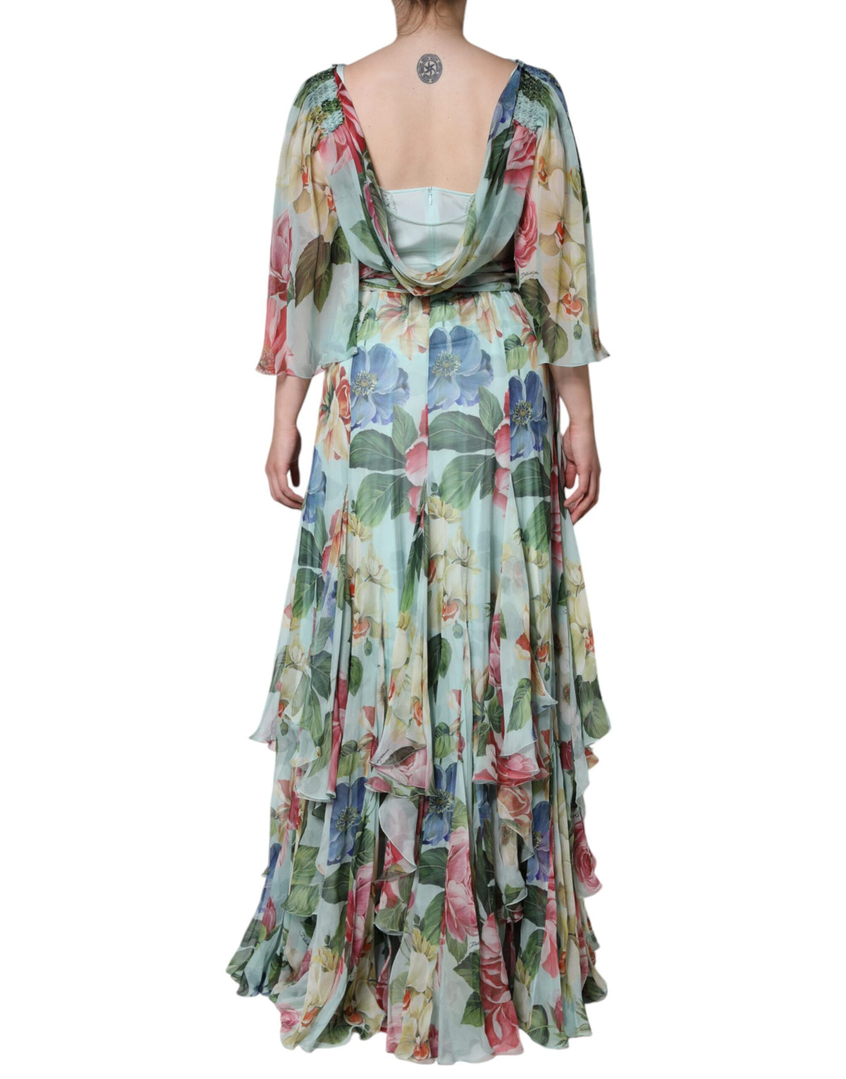 Dolce & Gabbana Blue Floral Print Tiered Long Maxi Dress