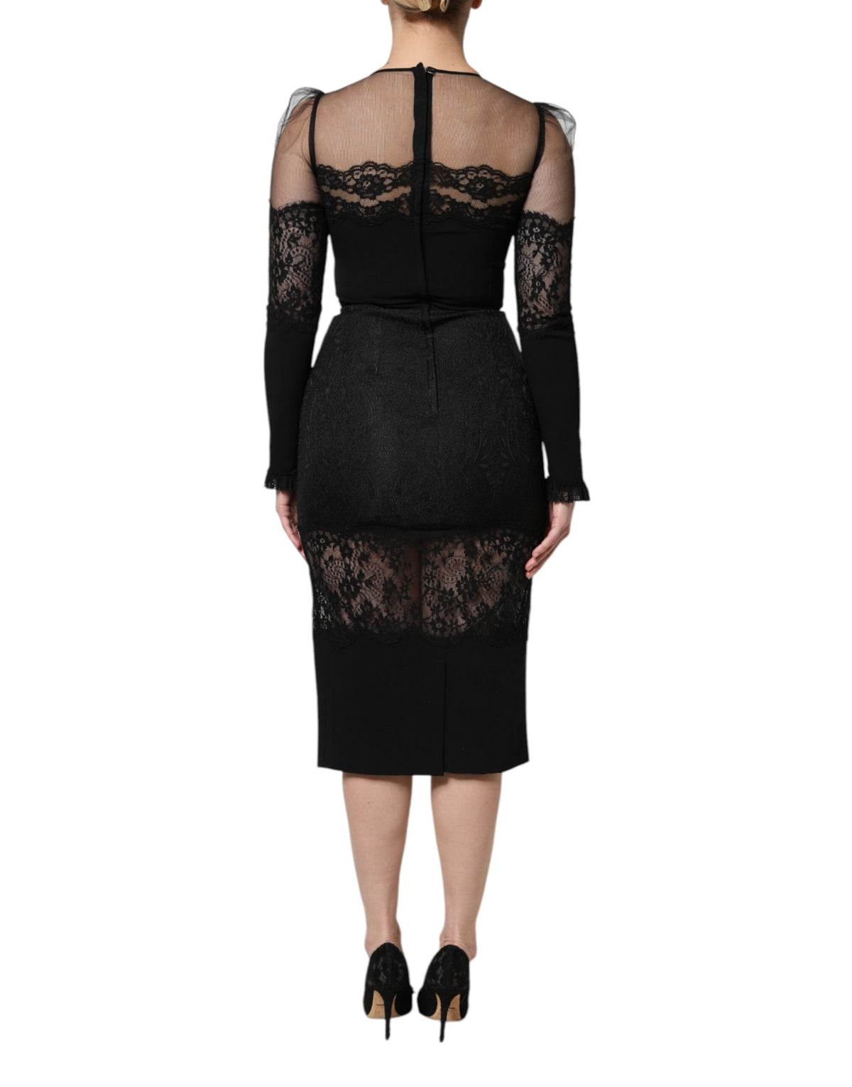 Dolce & Gabbana Black Lace Trim Nylon Tulle SheathMidi Dress