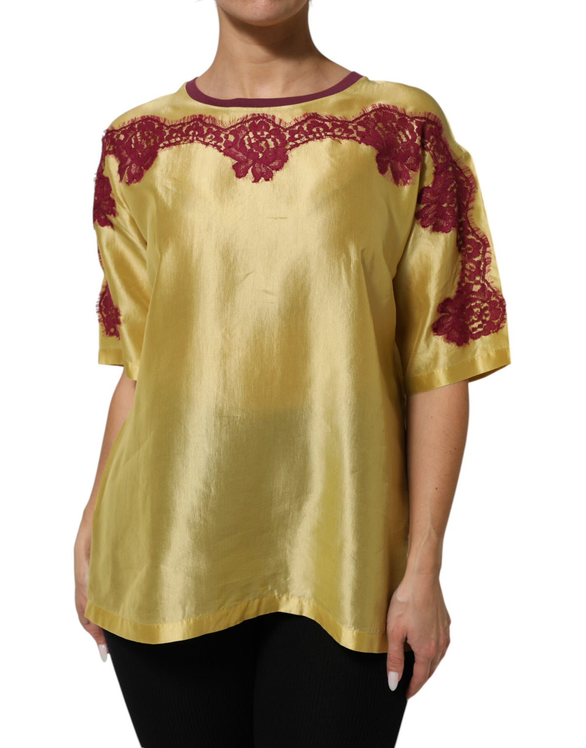 Dolce & Gabbana Yellow Silk Satin Floral Lace Short Sleeves Top