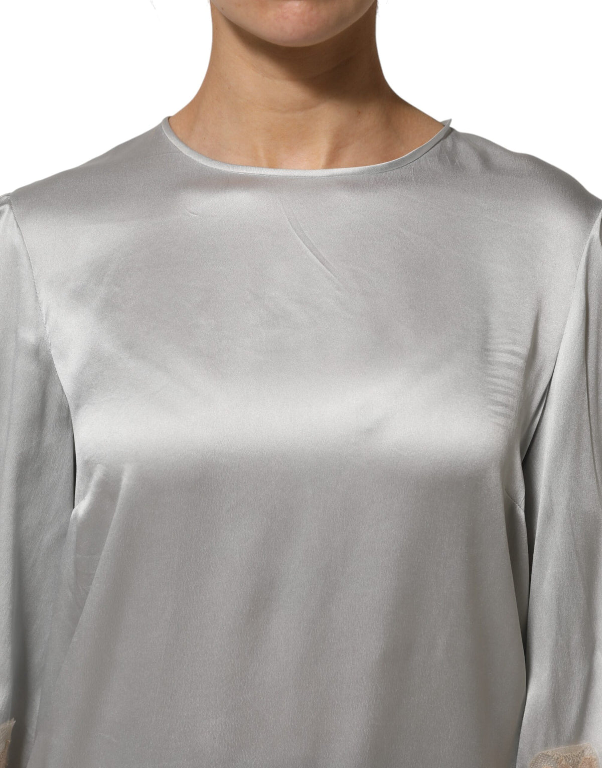 Dolce & Gabbana Gray Silk Satin Floral Lace Long Sleeve Top