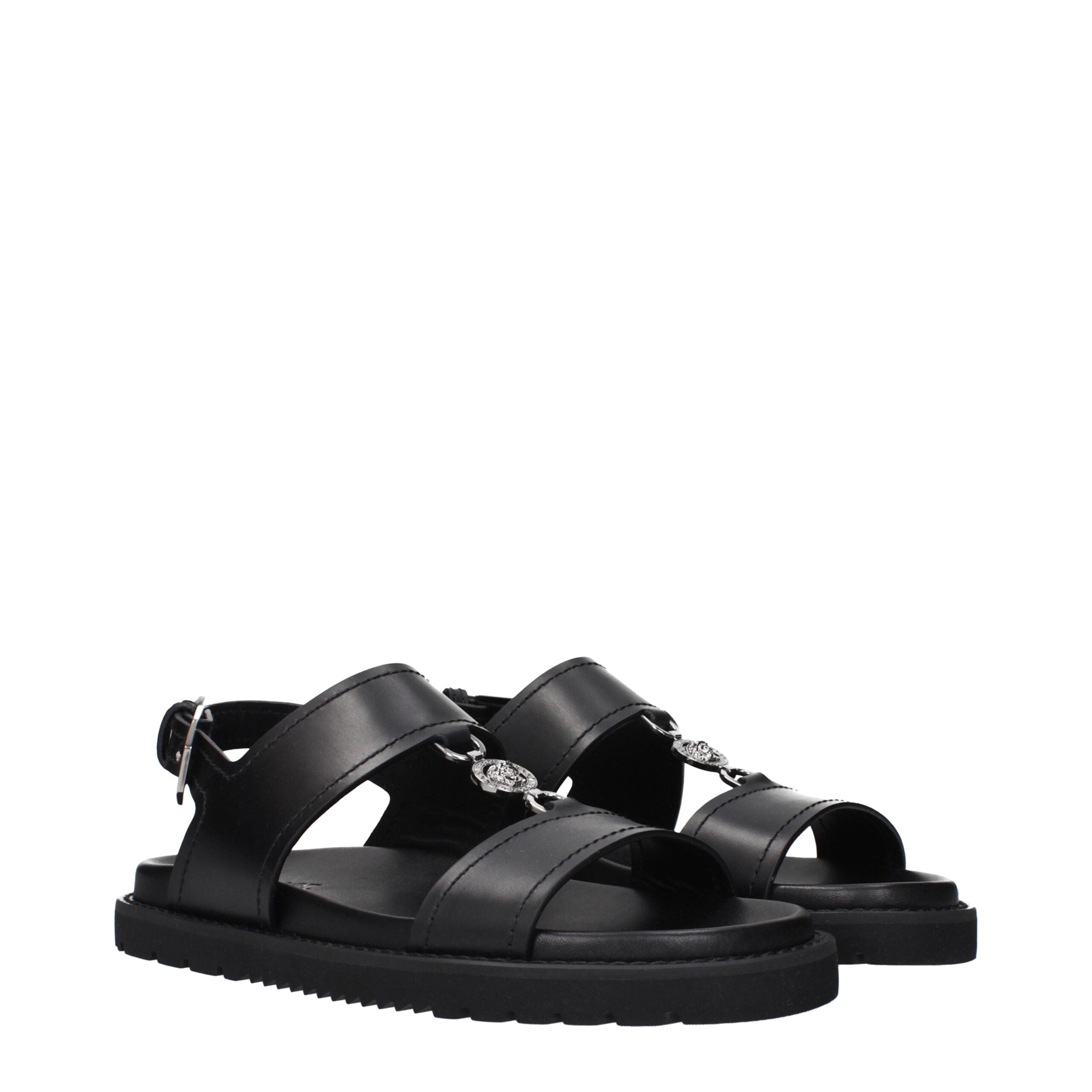 Versace Black Leather Flat Sandals