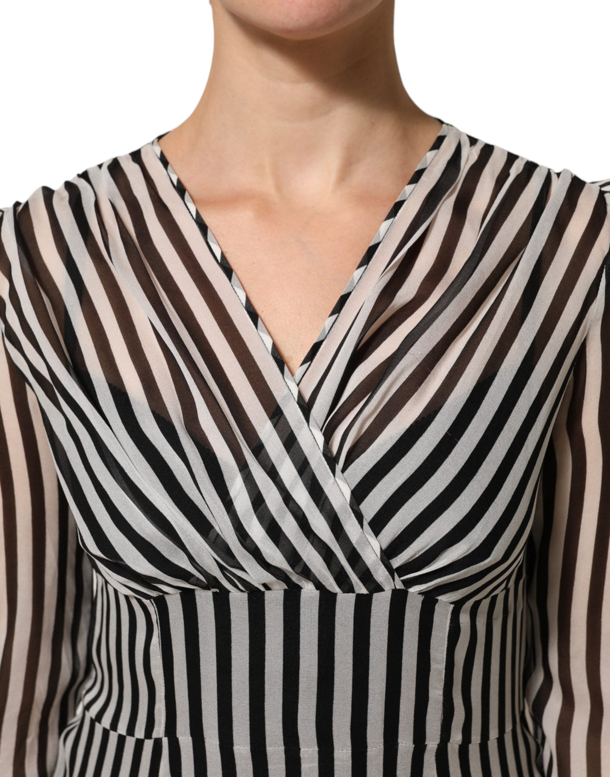 Dolce & Gabbana Black White Stripes Silk V-neck Midi Dress