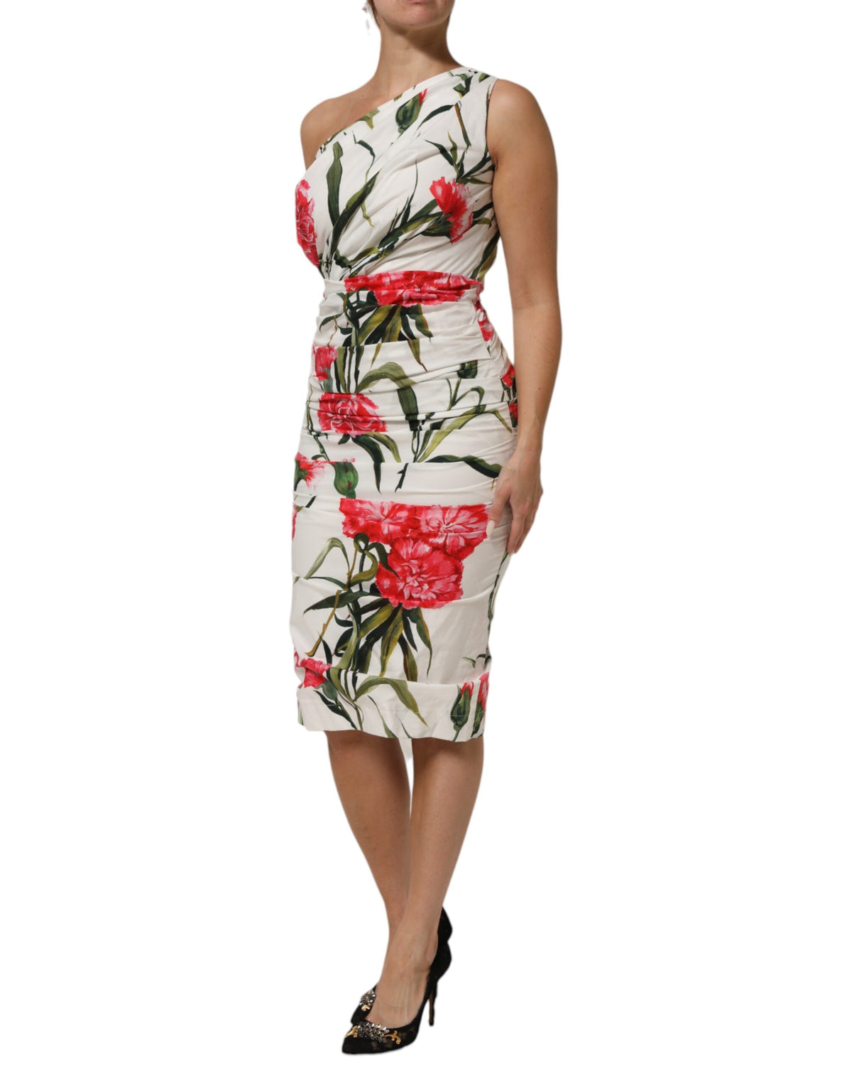 Dolce & Gabbana White Floral One Shoulder Sheath Dress