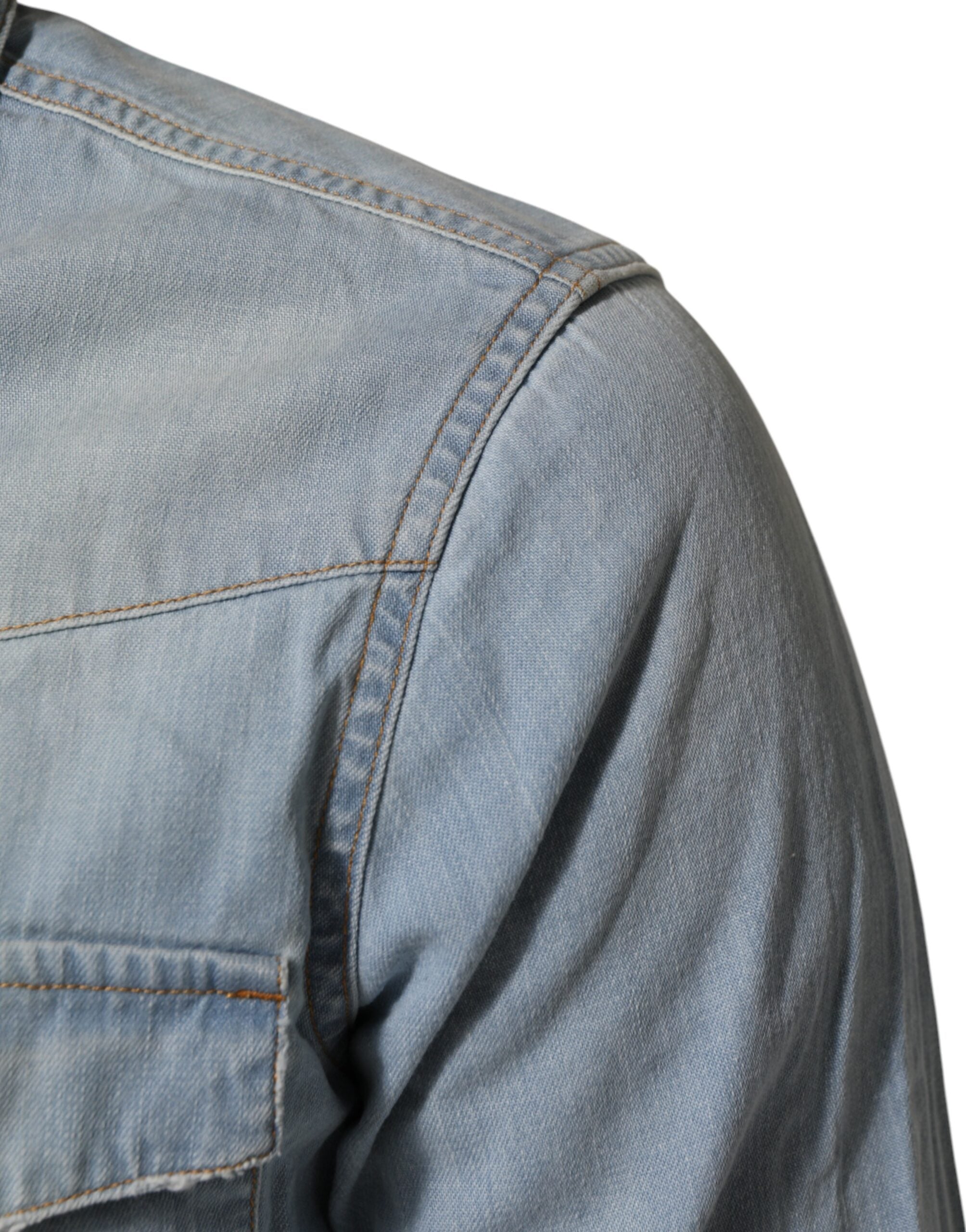 Maison Clochard Blue Denim Collared Long Sleeve Men Shirt
