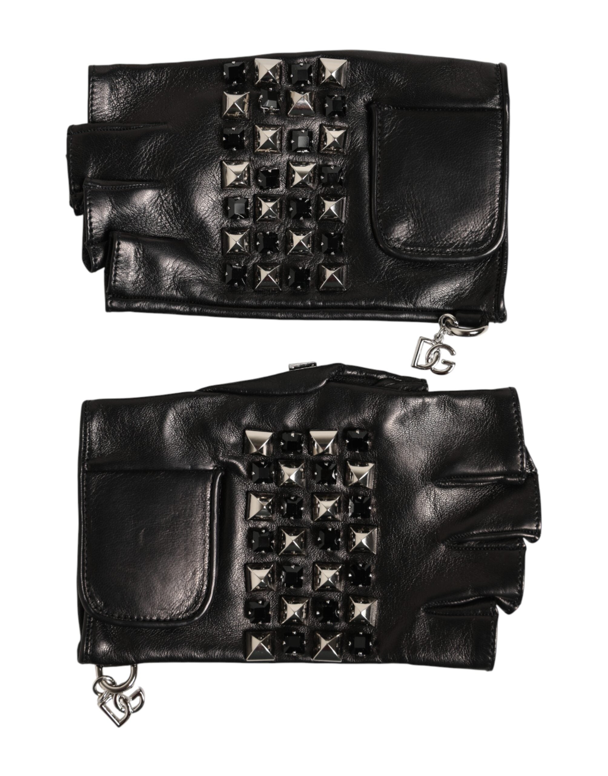 Dolce & Gabbana Black Leather Studded Fingerless Hand Mitten Men Gloves