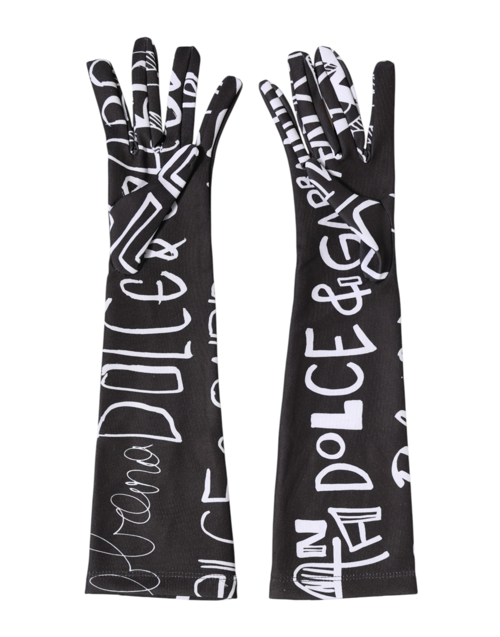 Dolce & Gabbana Black White DG Logo Elbow Length Mitten Gloves
