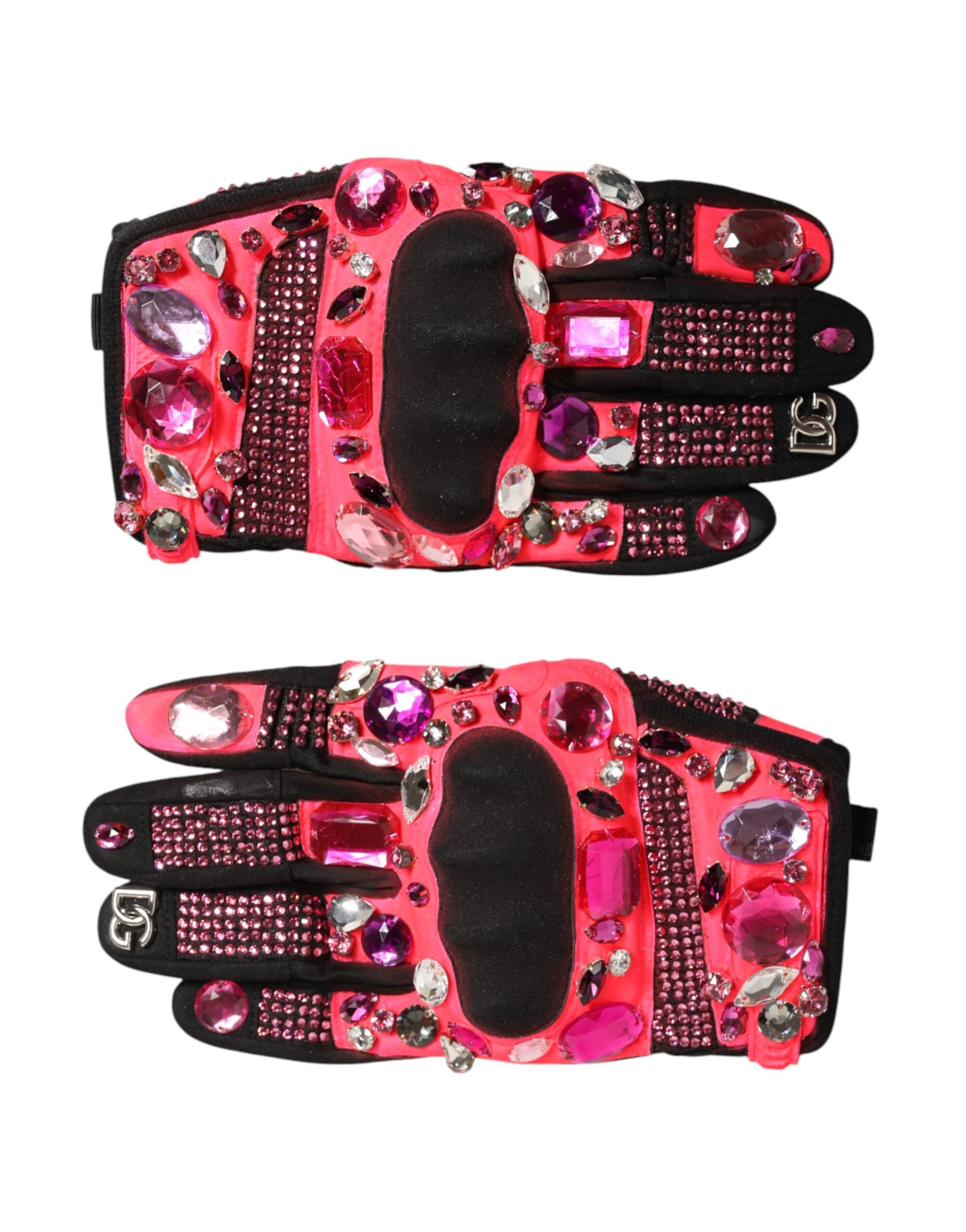 Dolce & Gabbana Black Pink Crystal Wrist Length Mitten Gloves