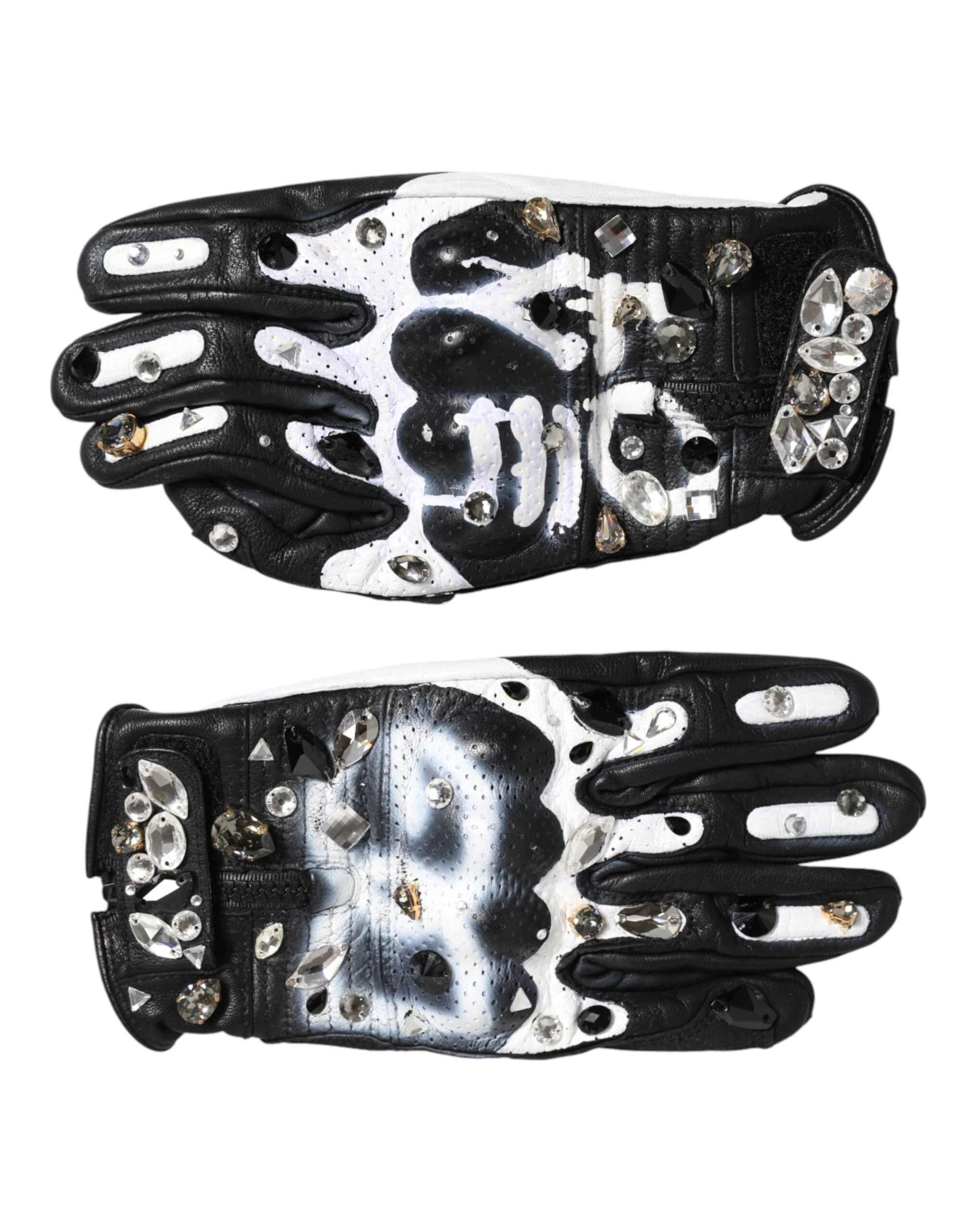 Dolce & Gabbana Gloves Black White Crystal Wrist Length Mitten Gloves