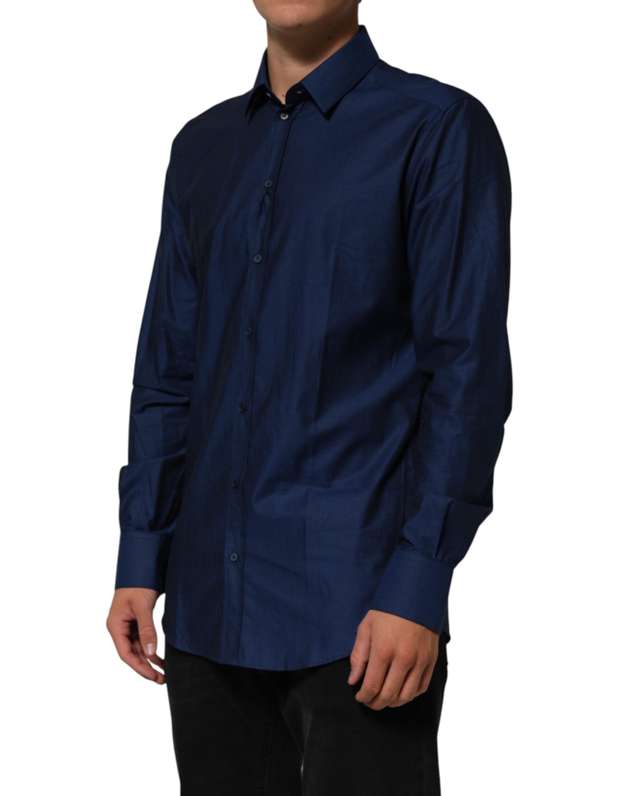 Dolce & Gabbana Blue Cotton Collared Men GOLD Dress Shirt