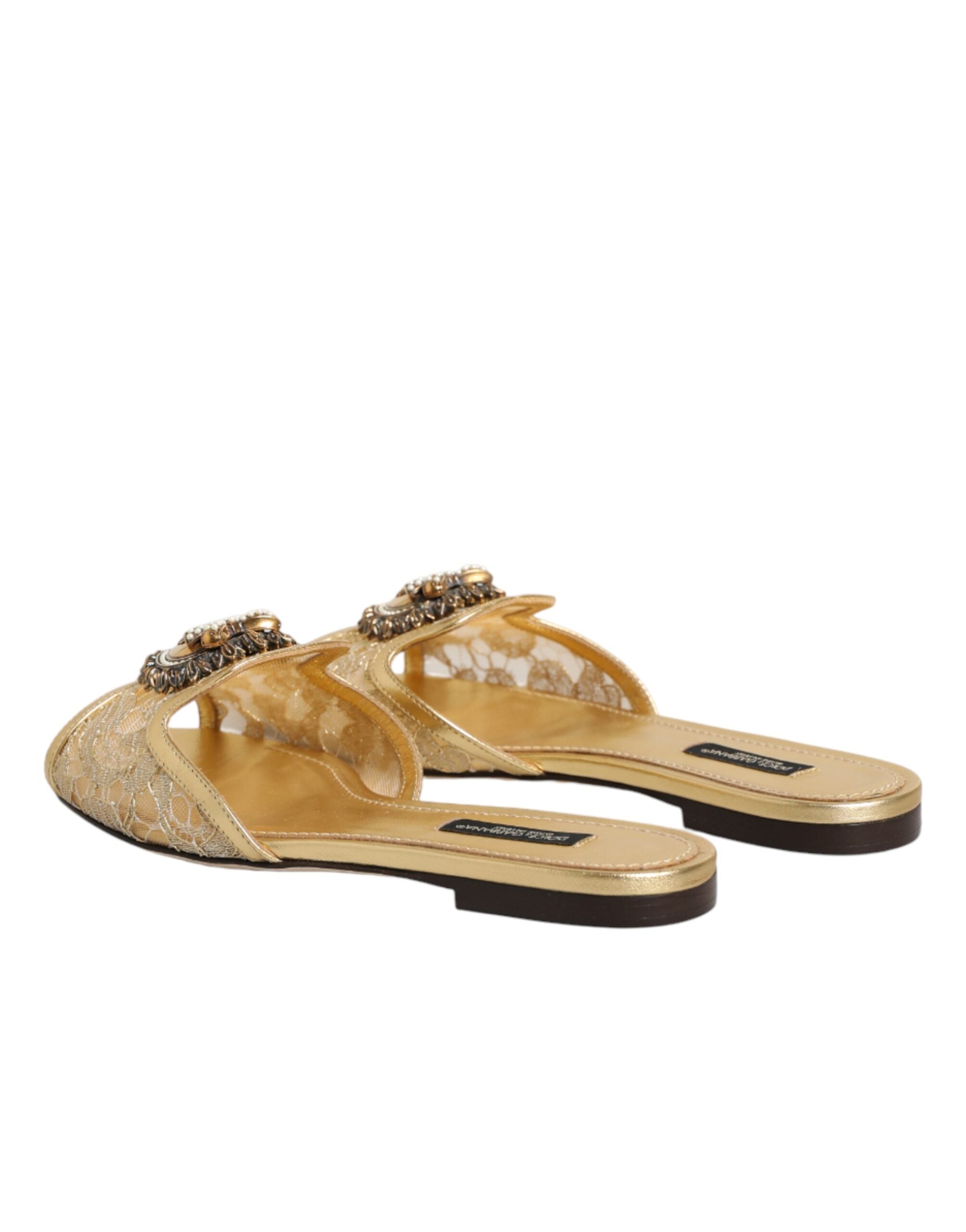 Dolce & Gabbana Gold Devotion Lace Flats Slip On Sandals Shoes