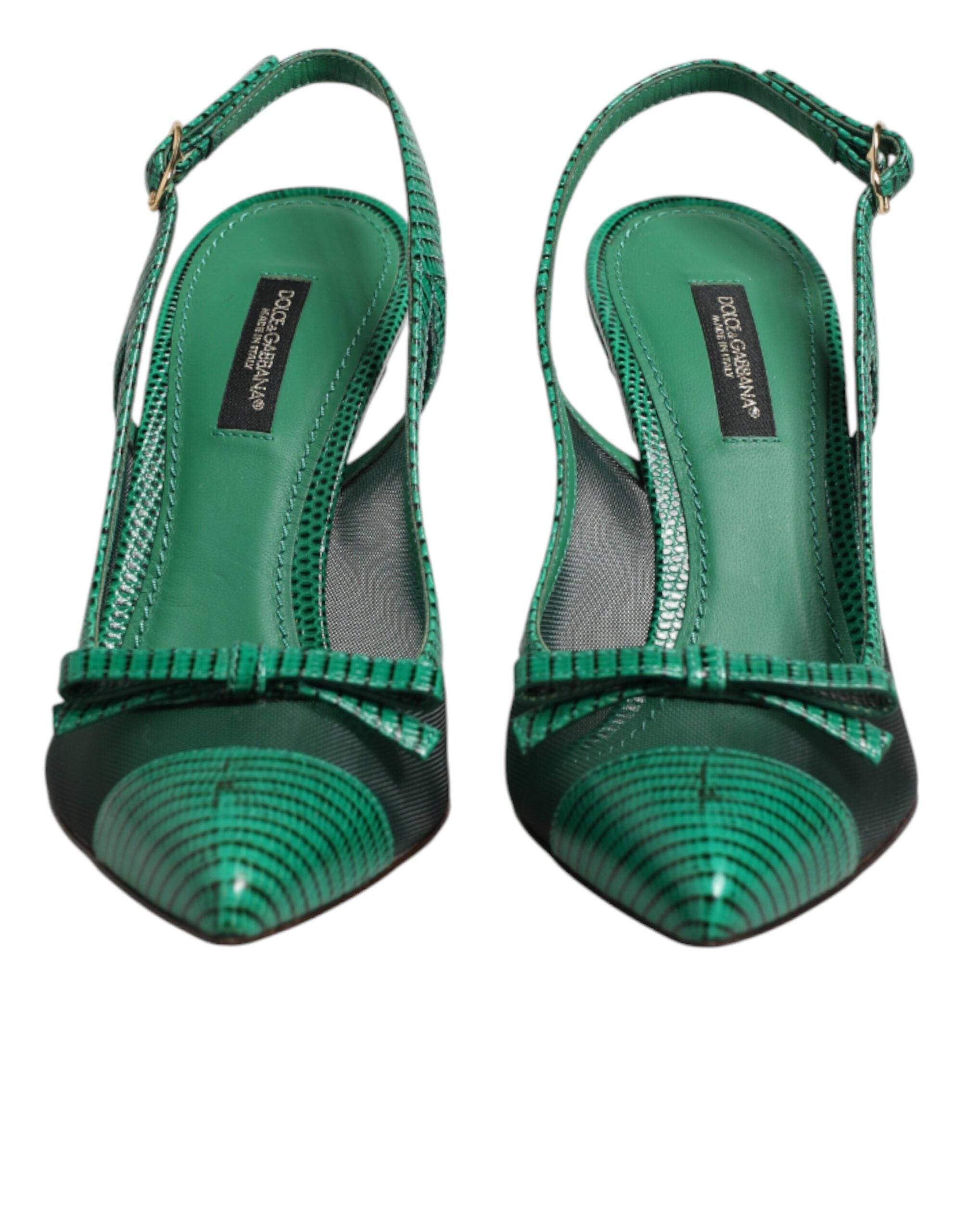 Dolce & Gabbana Green Leather Mesh Heels Slingback Shoes