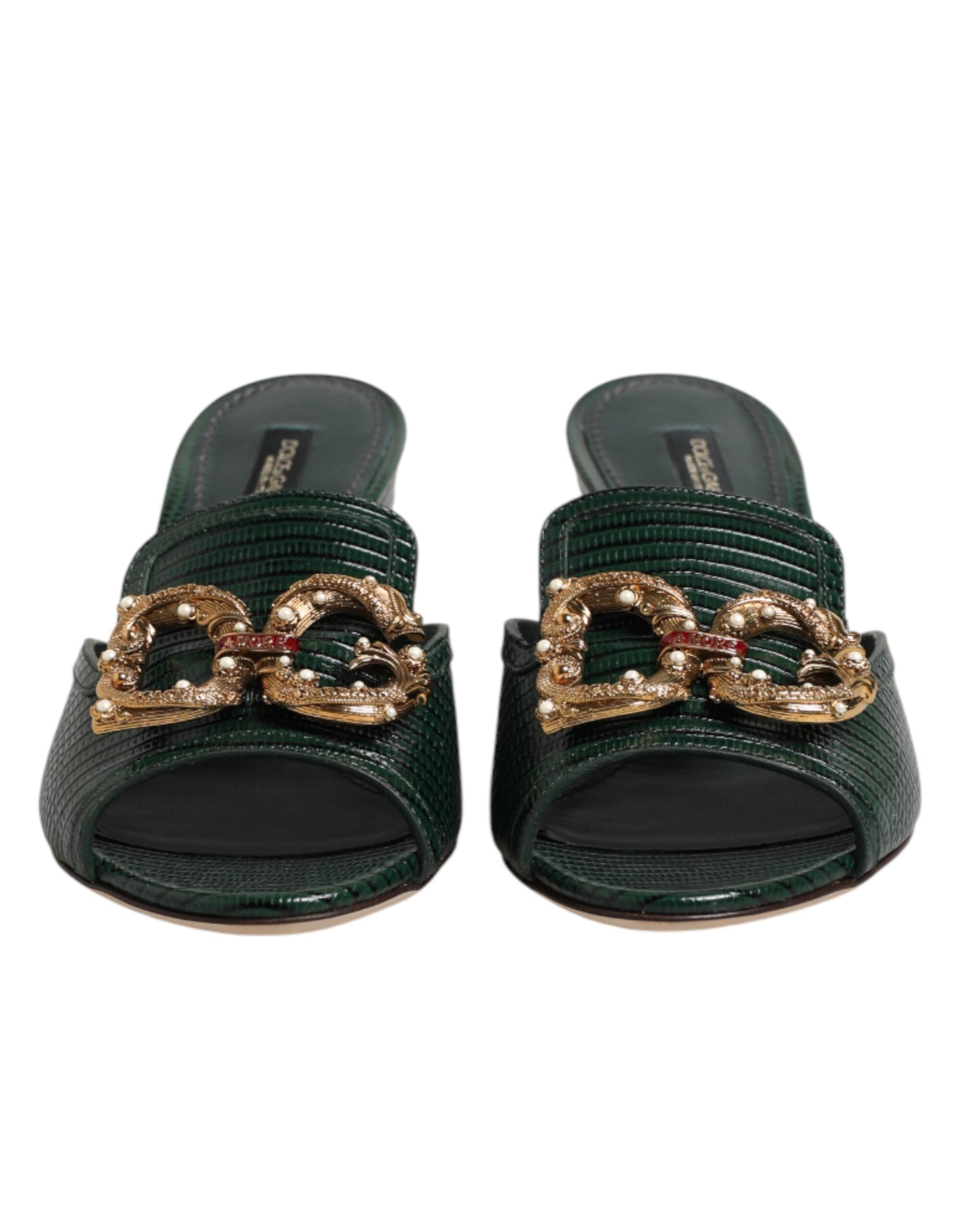 Dolce & Gabbana Green DG Amore Heel Slides Sandals Shoes