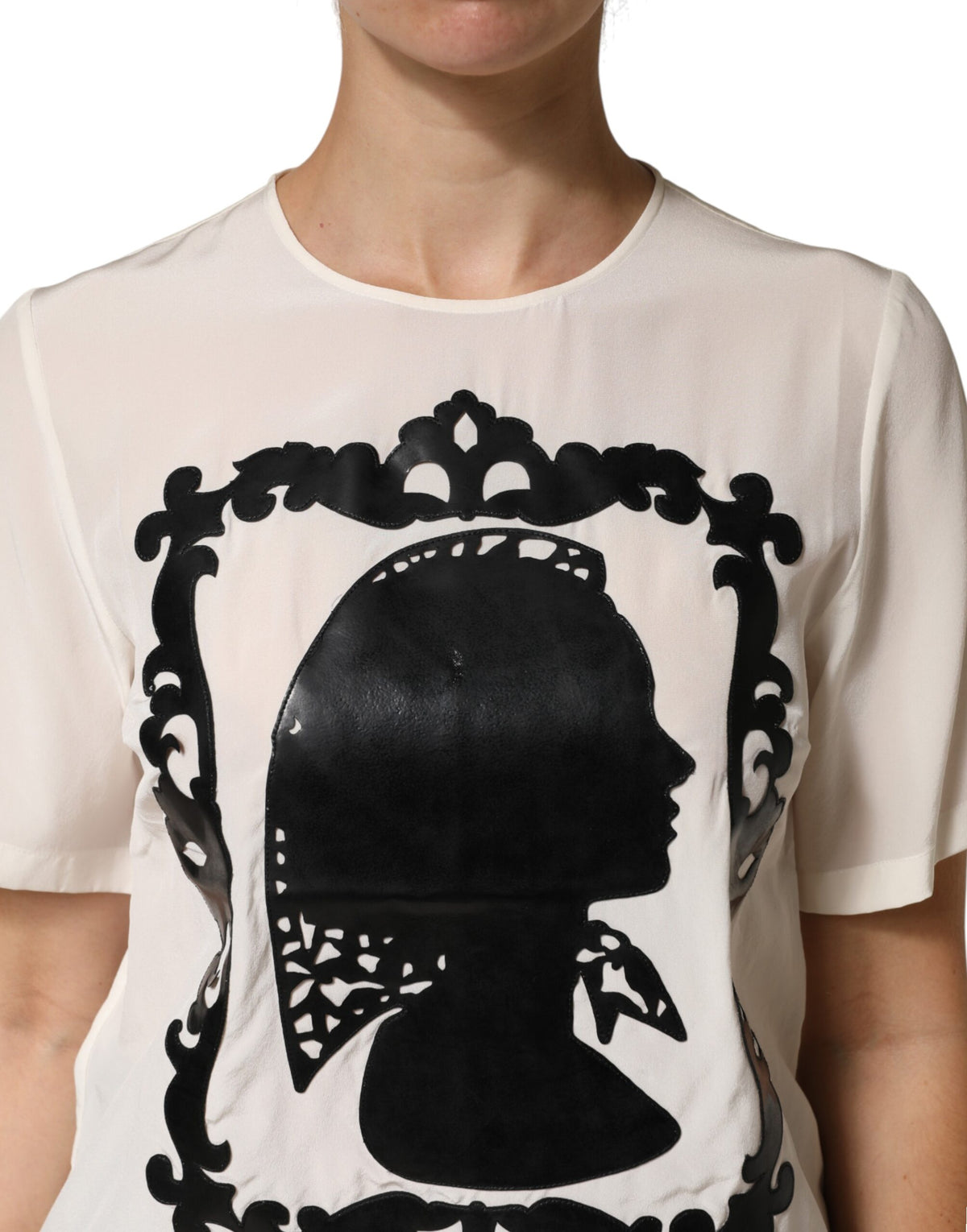 Dolce & Gabbana Cream Silk Silhouette Detail Short Sleeve Top