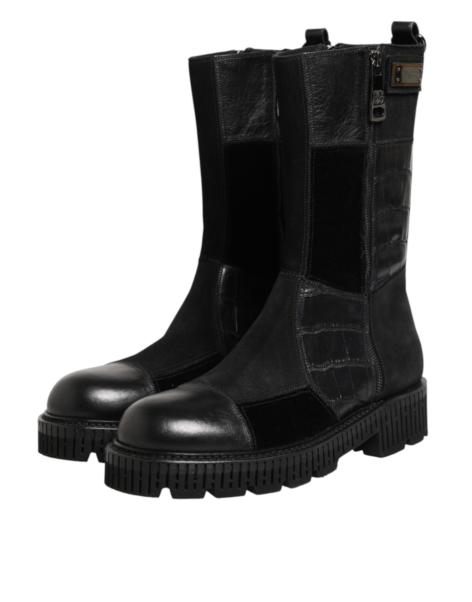 Dolce & Gabbana Black Patchwork Leather Mid Calf Boot Shoes