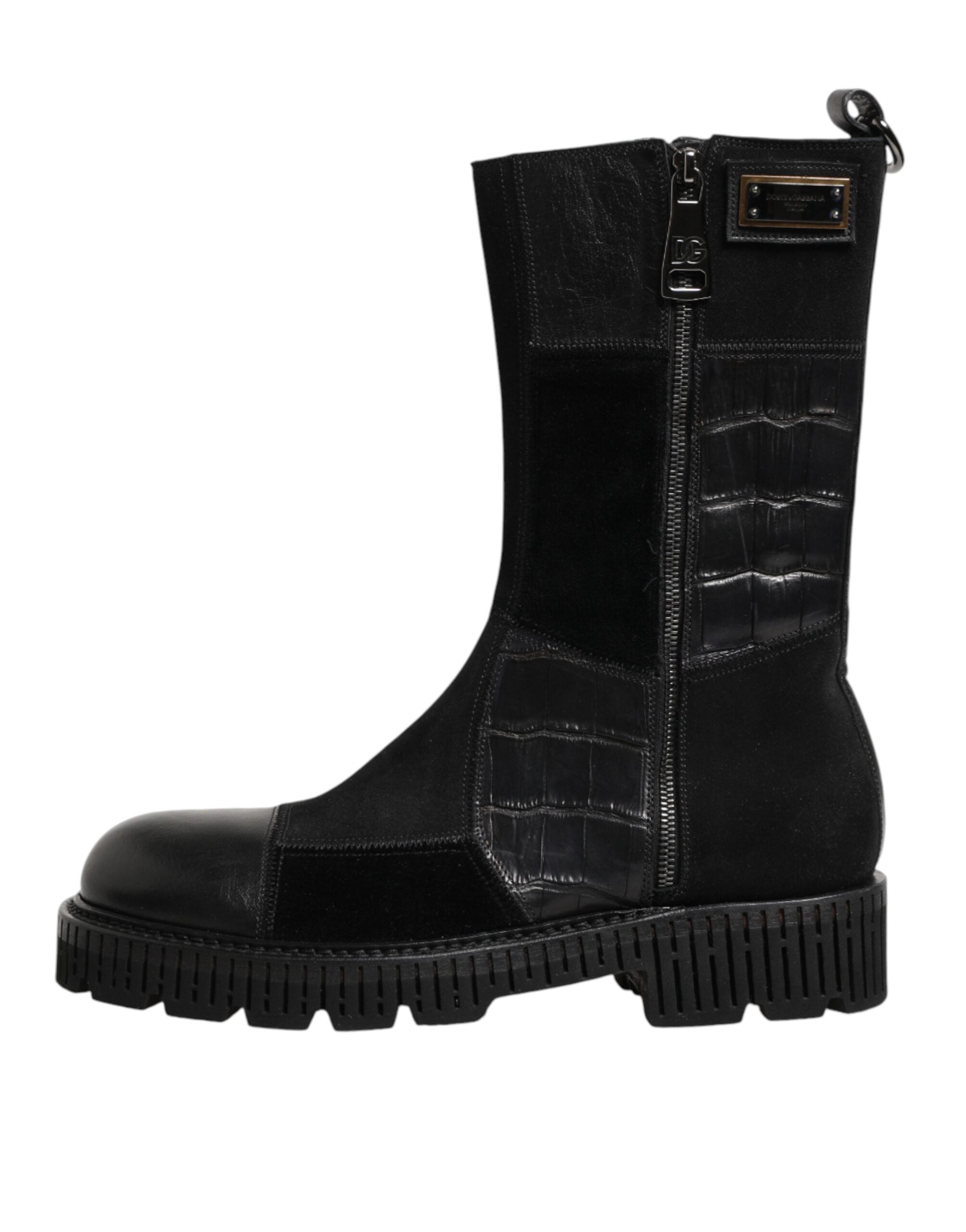 Dolce & Gabbana Black Patchwork Leather Mid Calf Boot Shoes