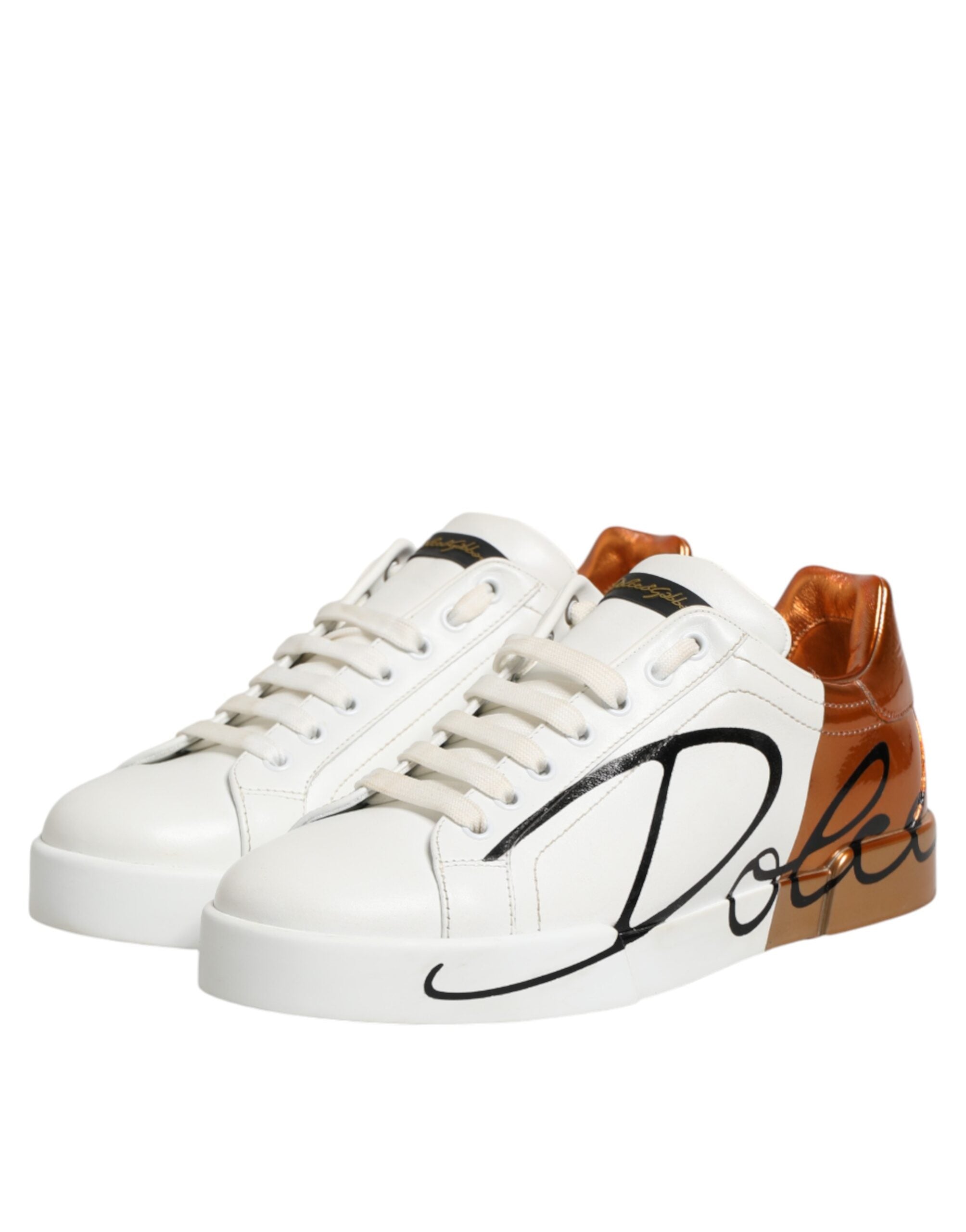 Dolce & Gabbana White Brown Leather Low Top Sneakers Shoes