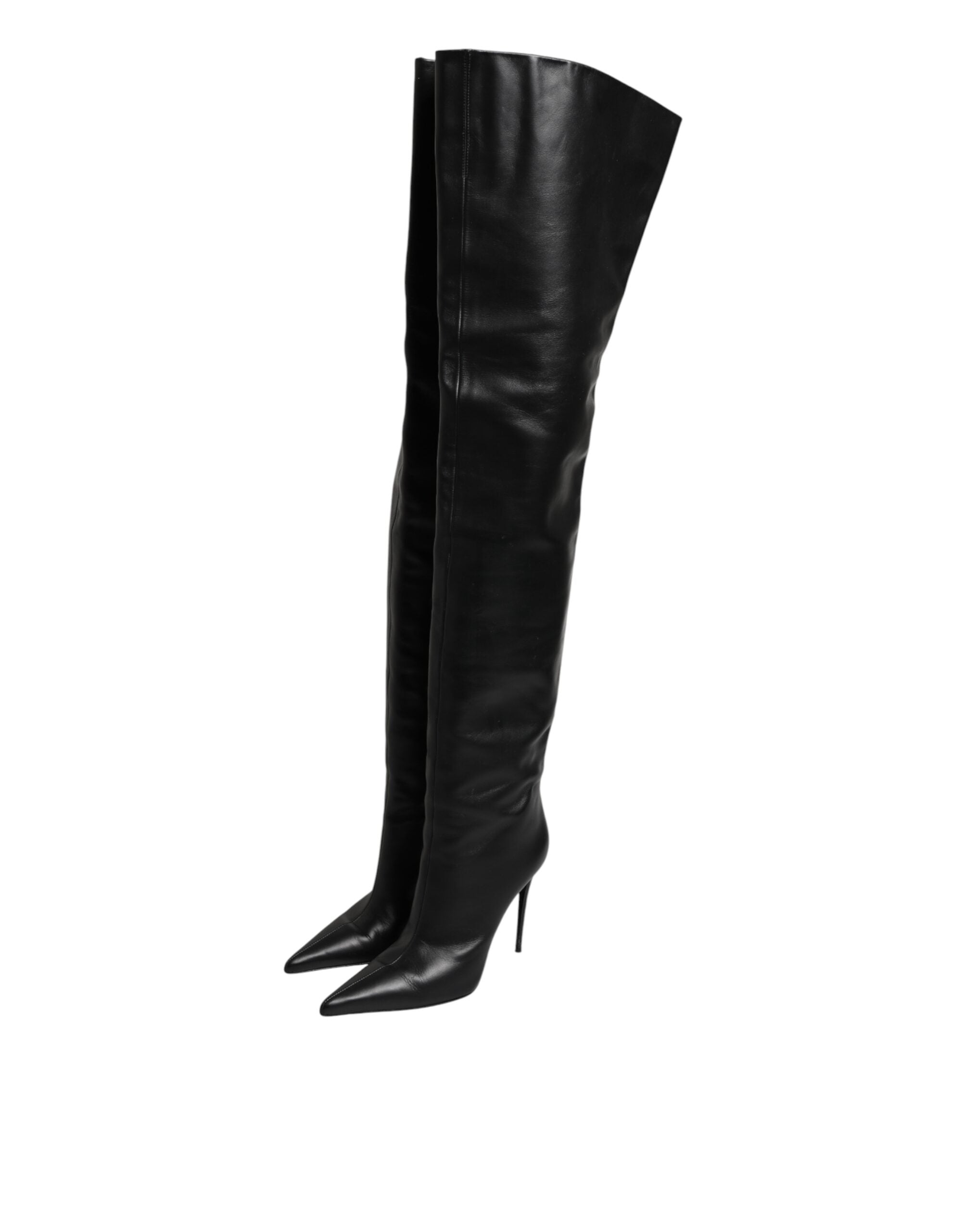 Dolce & Gabbana Black Leather Stiletto Knee High Boots Shoes