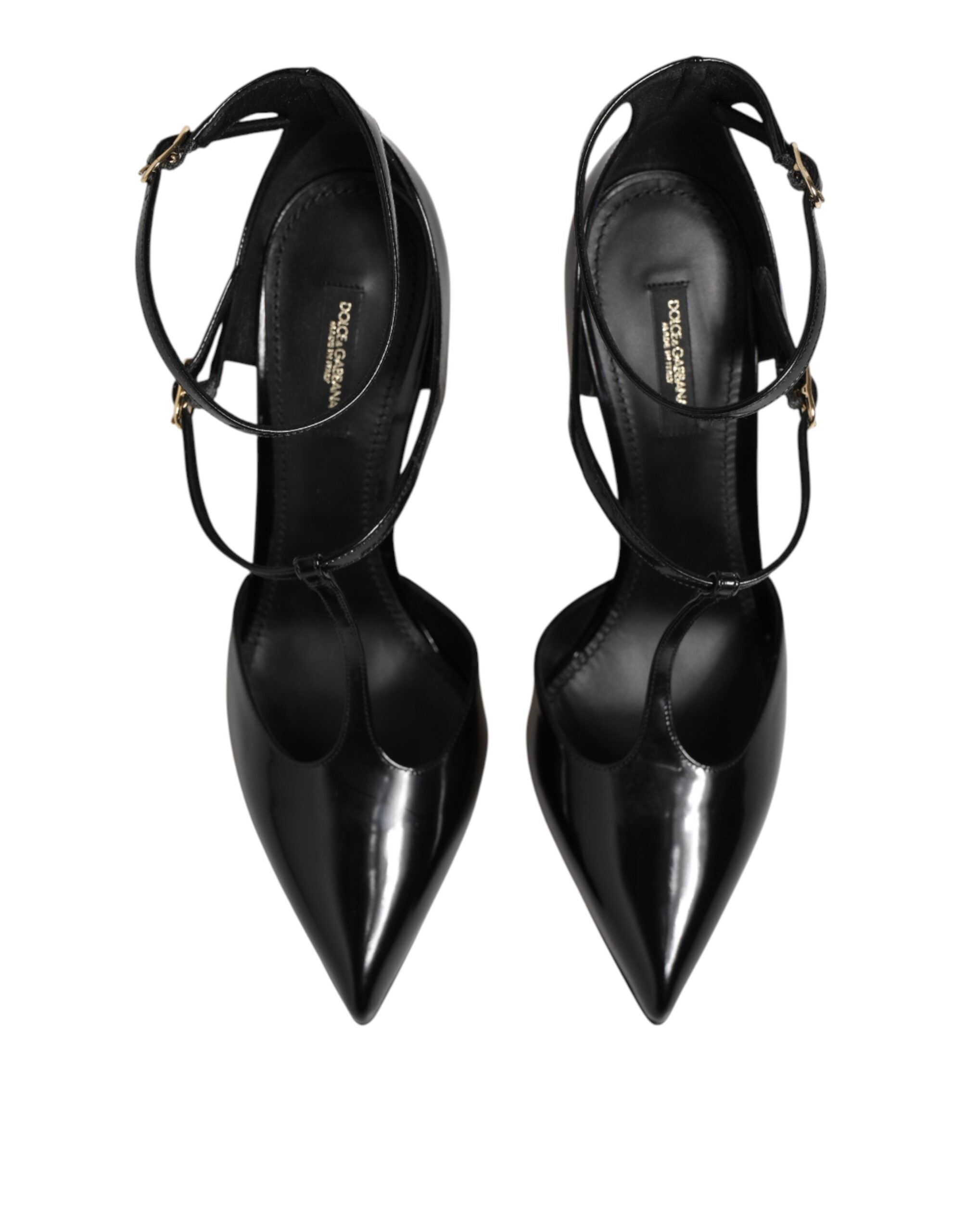 Dolce & Gabbana Black Leather T-STRAPS Heels Sandals Shoes