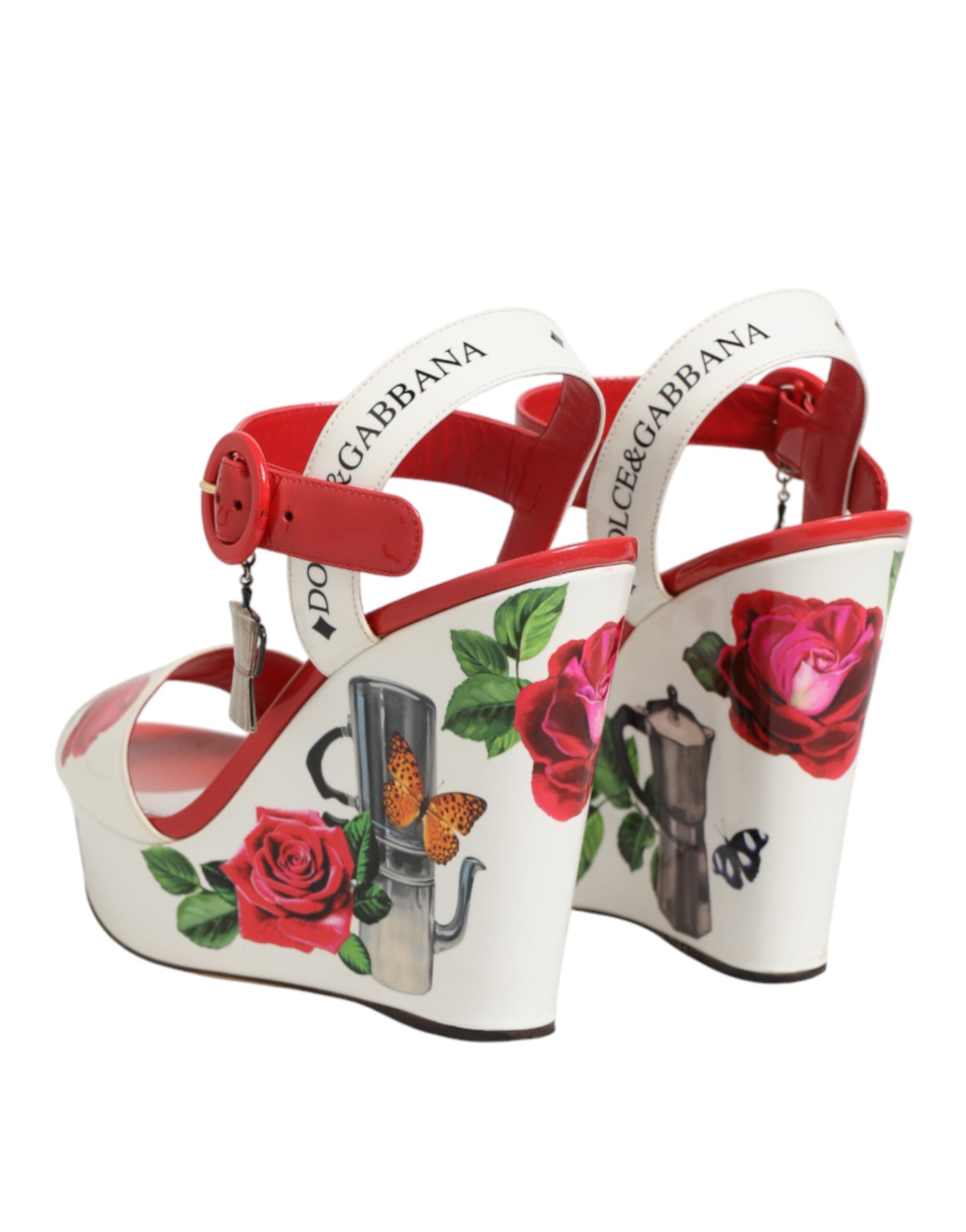 Dolce & Gabbana White Floral Ankle Strap Wedge Sandals Shoes