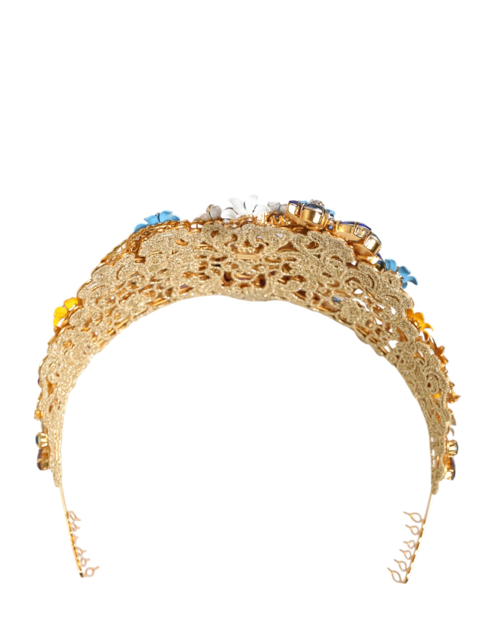 Dolce & Gabbana Gold Brass Crystal Floral Hortensia Crown Headband Tiara