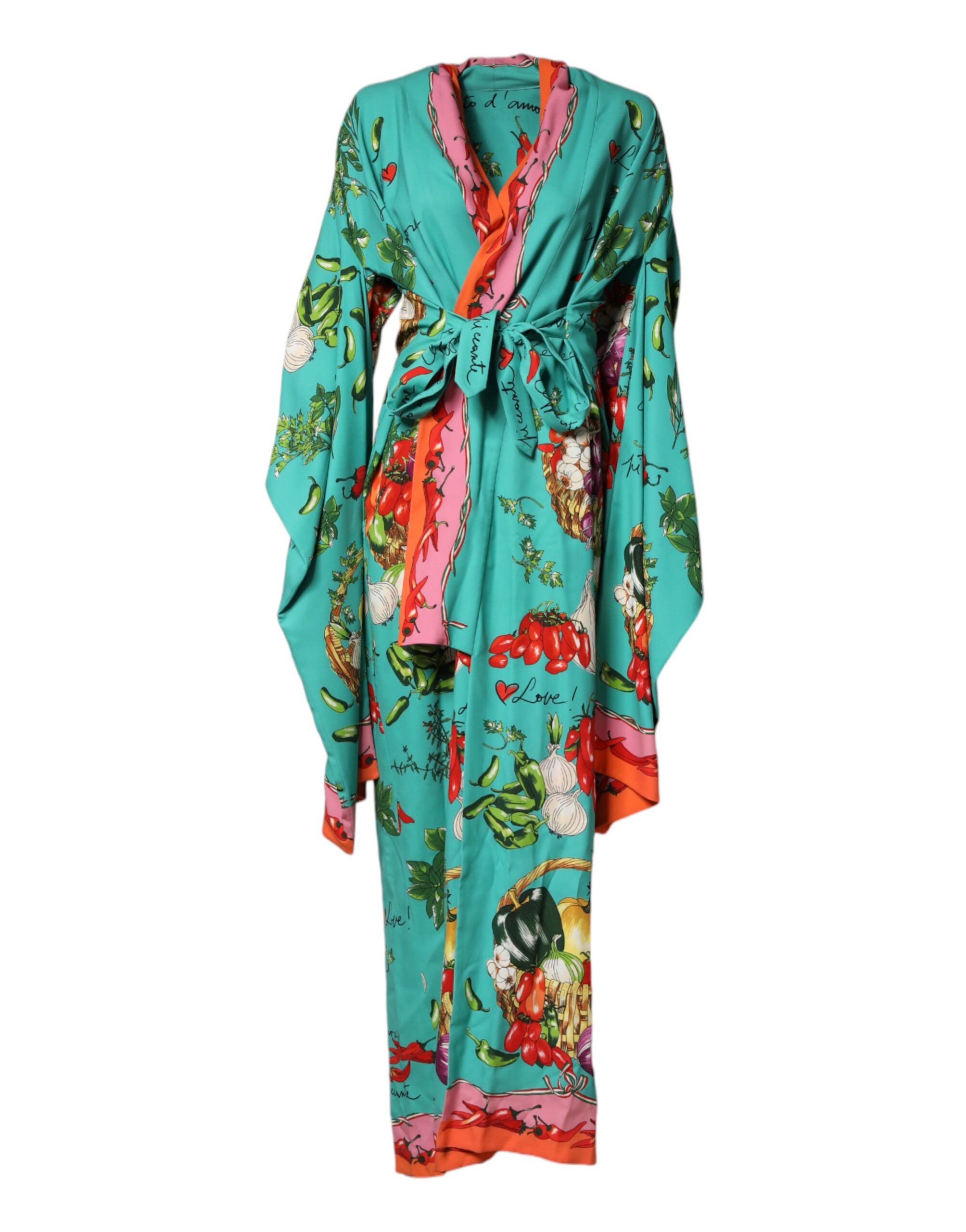 Dolce & Gabbana Green Printed Long Sleeve Wrap Coat Dress