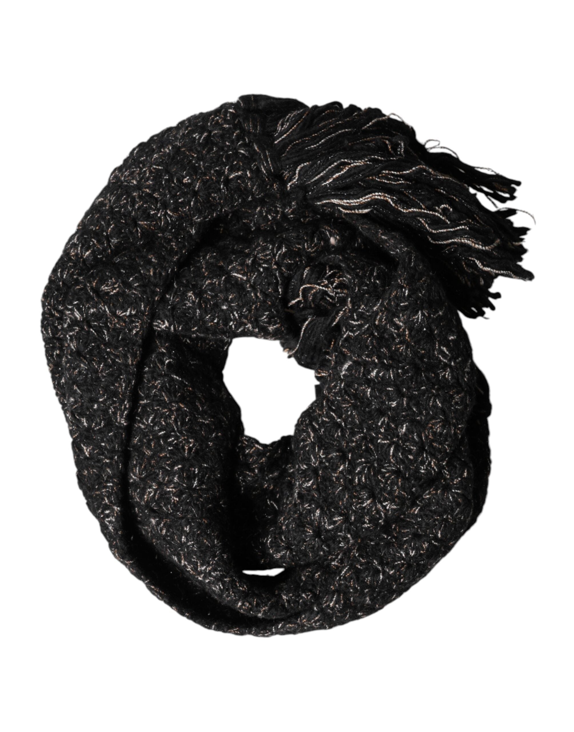 Dolce & Gabbana Black Wool Fringes Neck Wrap Foulard Scarf