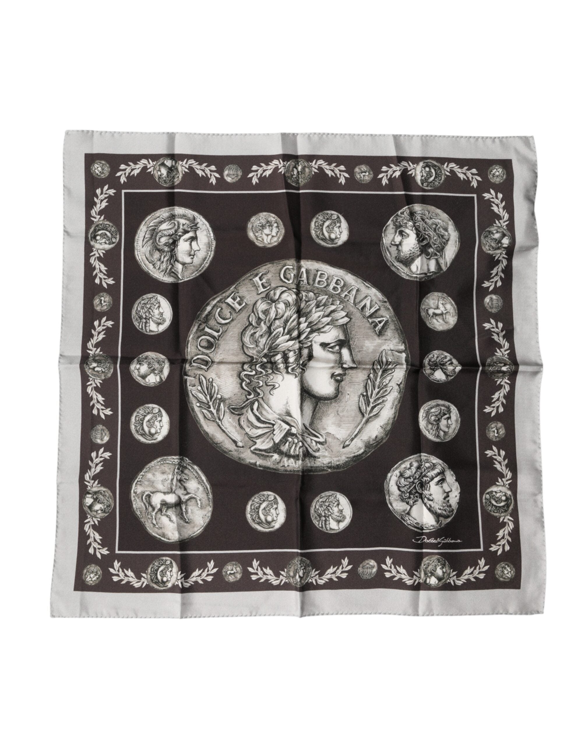 Dolce & Gabbana Brown Roman Coin Print Silk Square Foulard Scarf