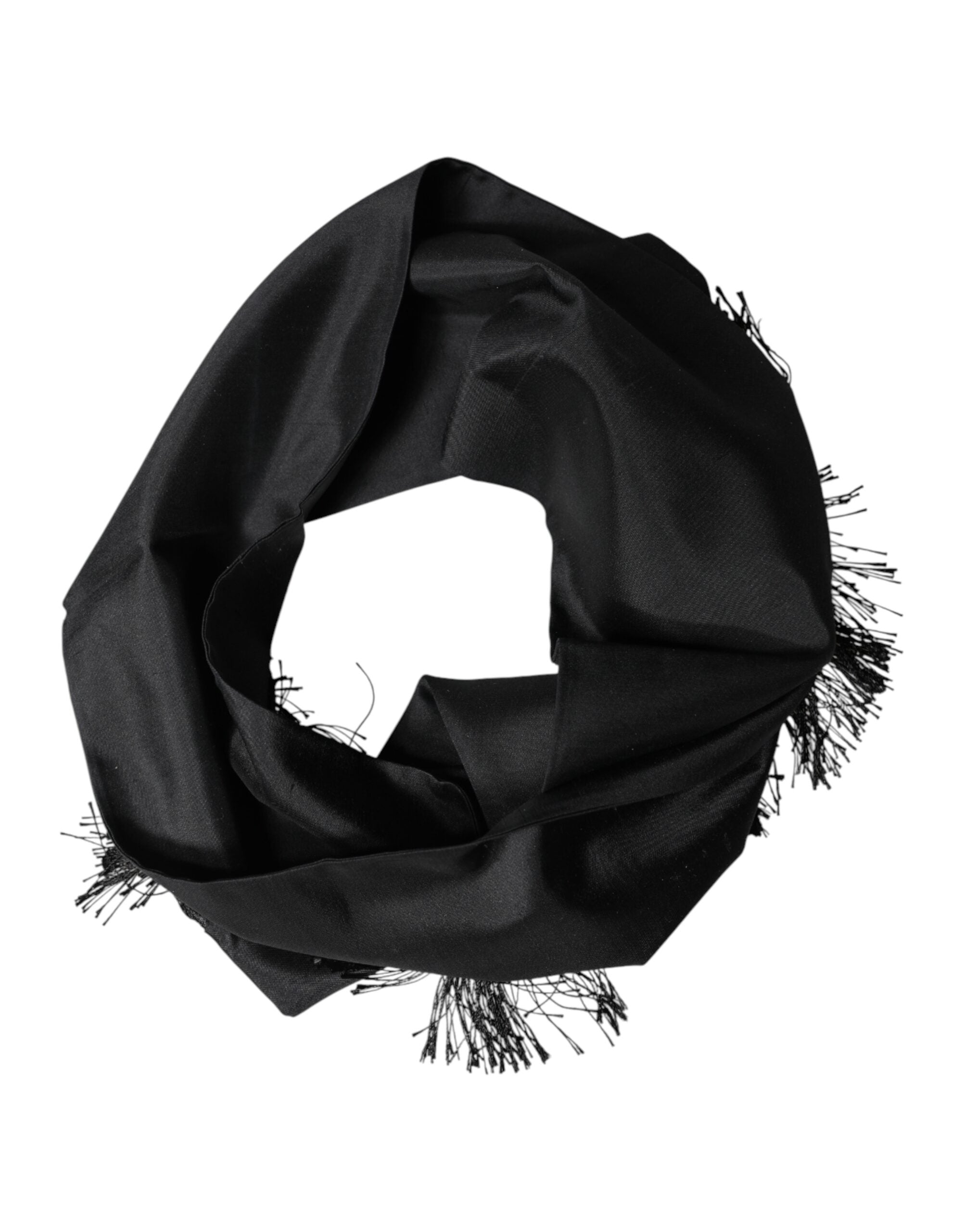 Dolce & Gabbana Black Silk Fringes Neck Wrap Foulard Scarf