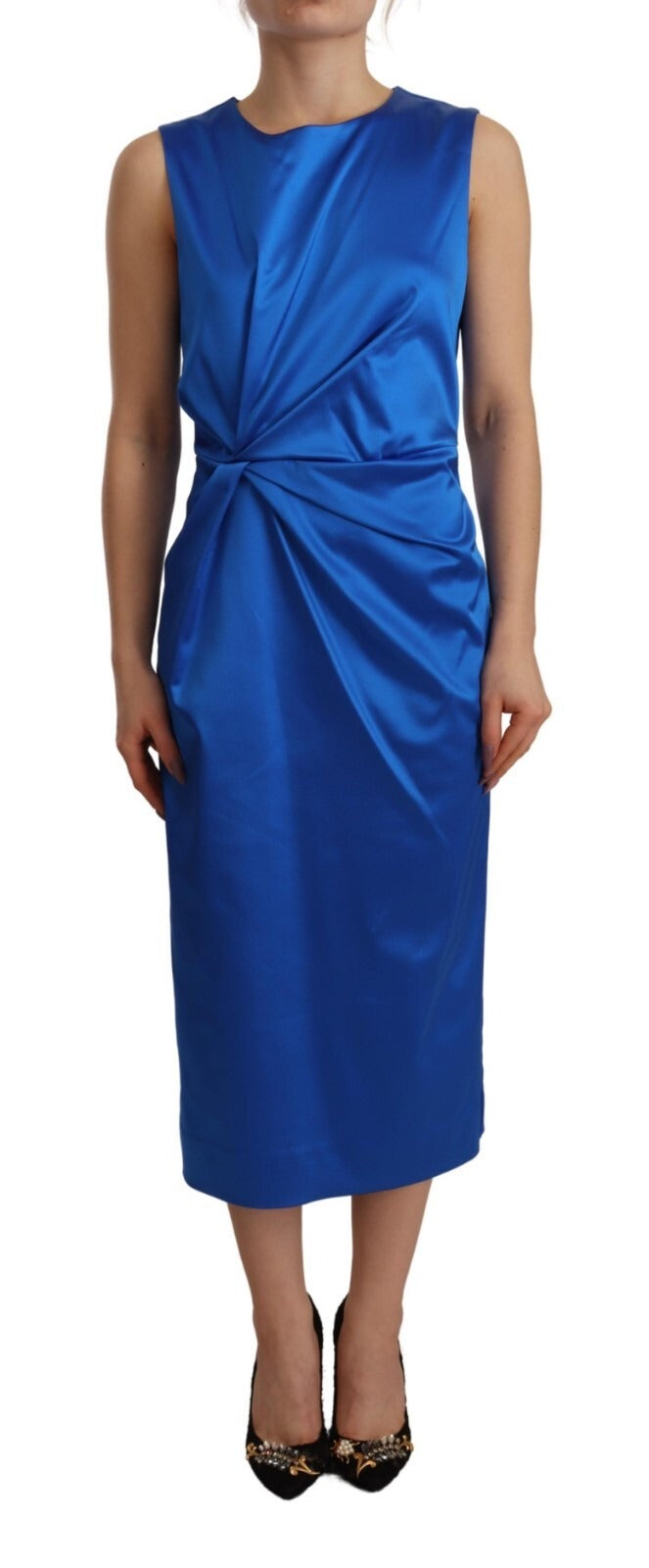 Parosh Acetate Royal Blue Roundneck Sleeveless Sheath Midi Dress