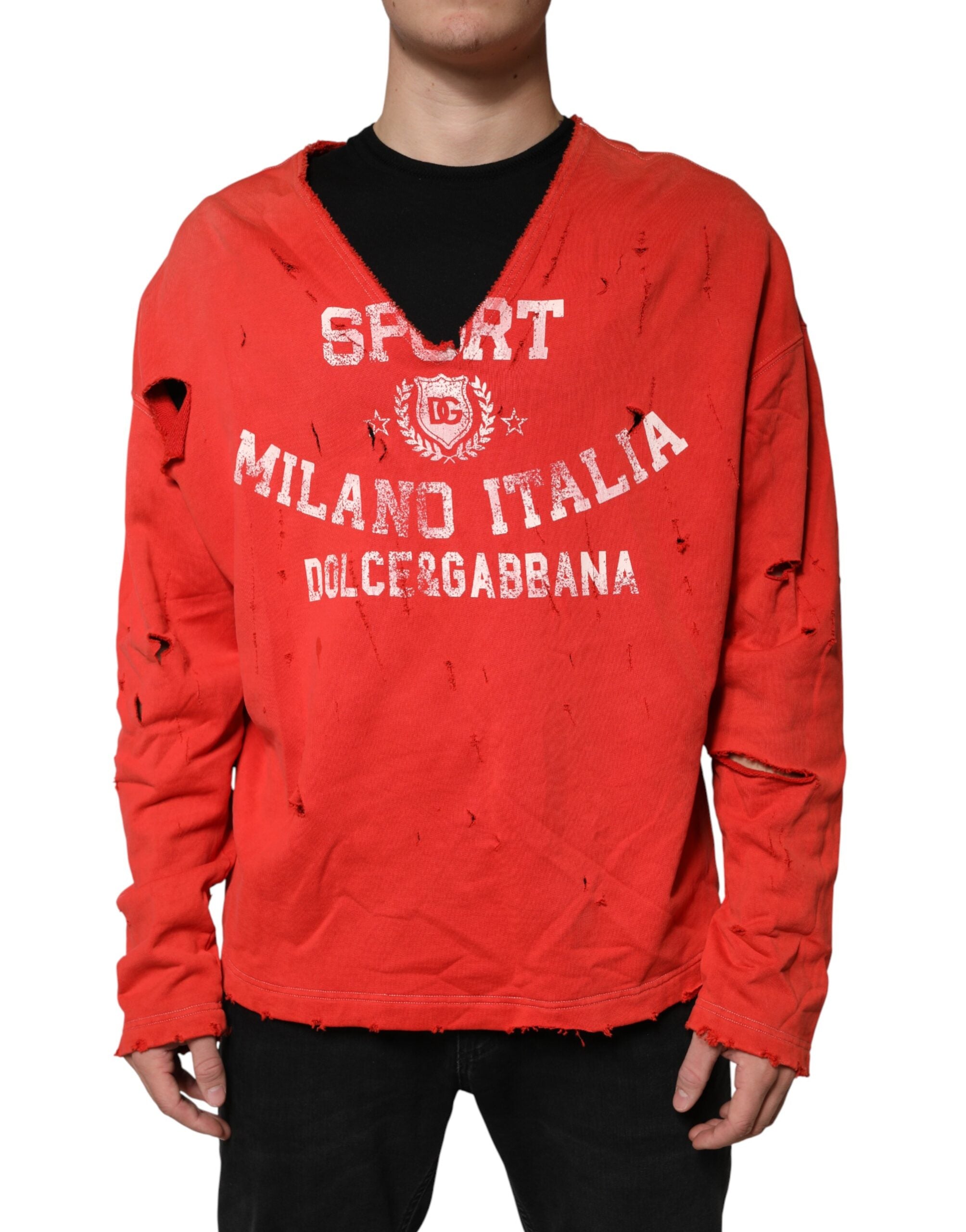 Dolce & Gabbana Red Distressed Cotton V-Neck Sweatshirt Men Sweater