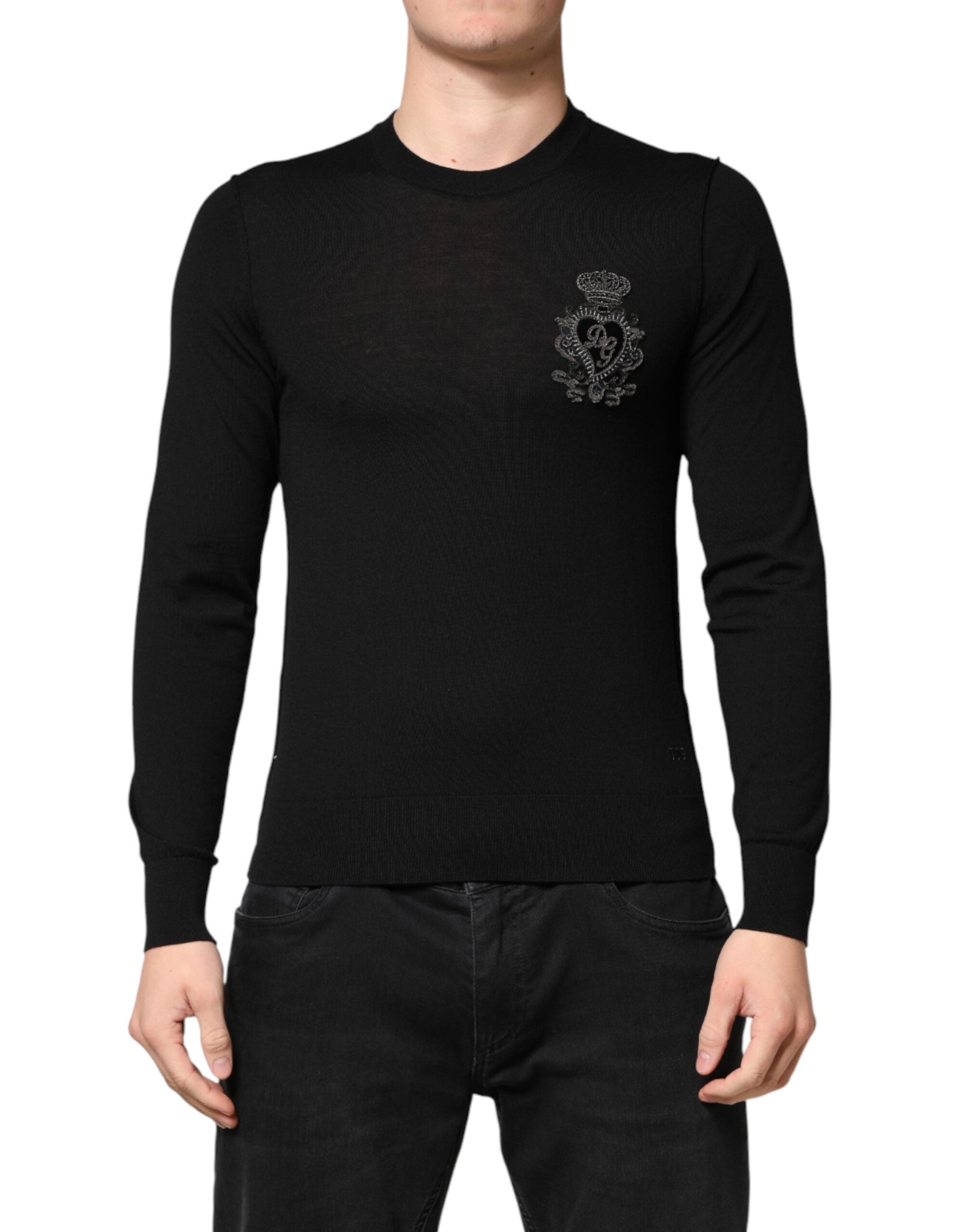Dolce & Gabbana Black Crest Wool Crew Neck Pullover Sweater