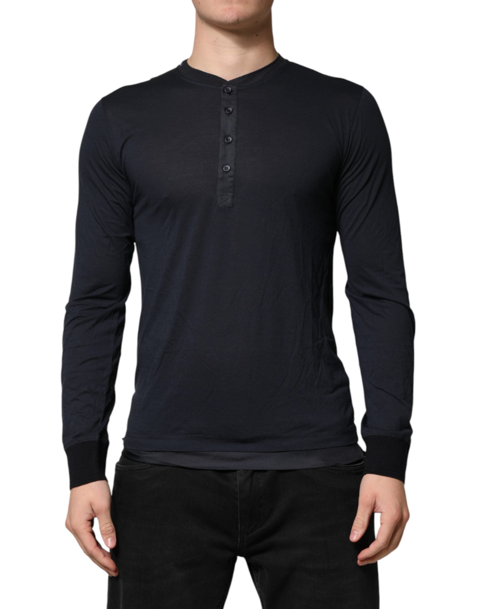 Dolce & Gabbana Dark Blue Cotton Henley Long Sleeves T-Shirt