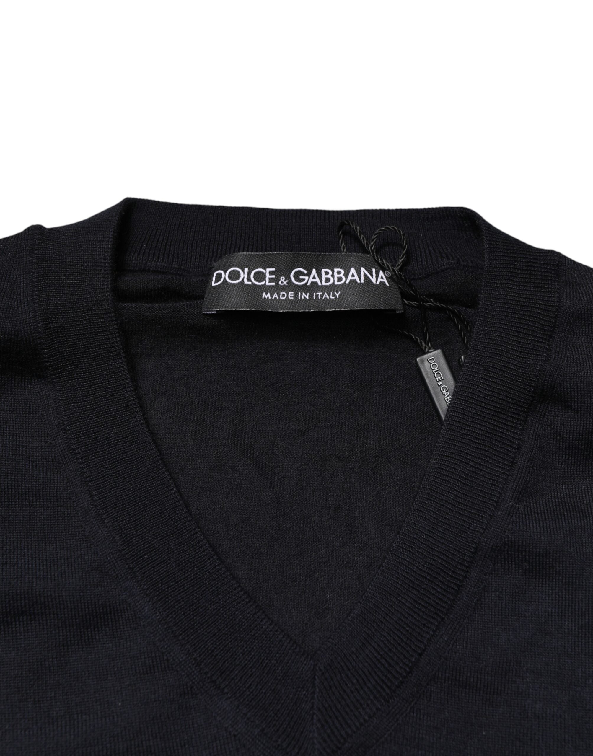 Dolce & Gabbana Black Cashmere V-Neck Men Pullover Sweater