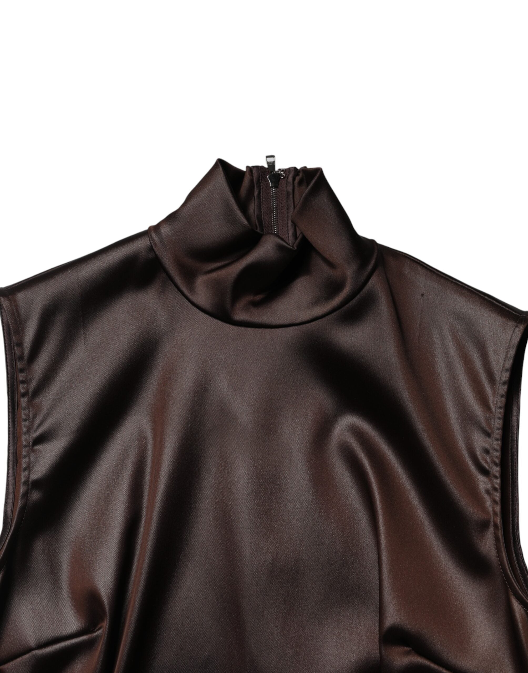 Dolce & Gabbana Brown Satin Sheath Midi SleeveLess Dress