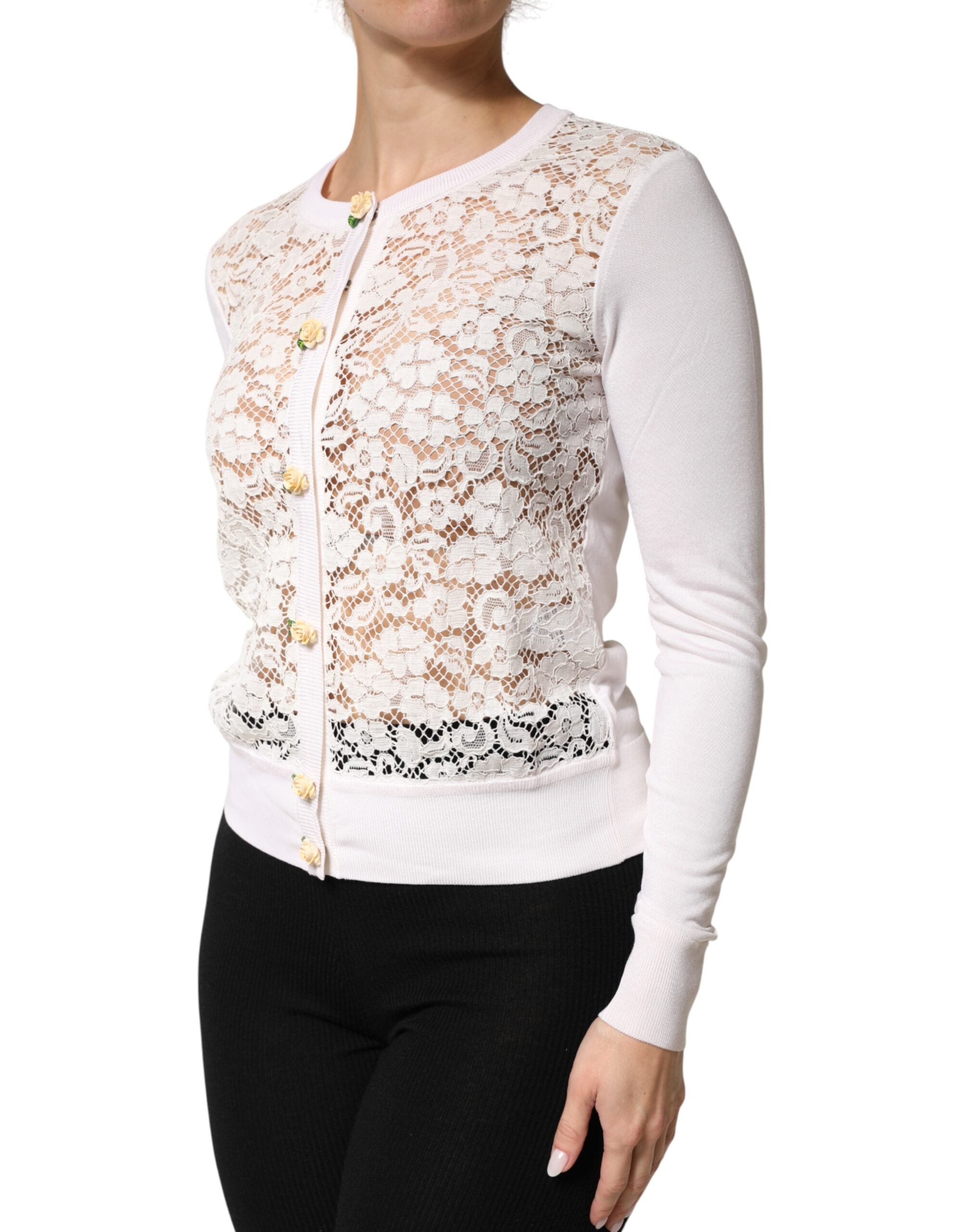 Dolce & Gabbana Cream Lace Knit Rose Button Cardigan Sweater