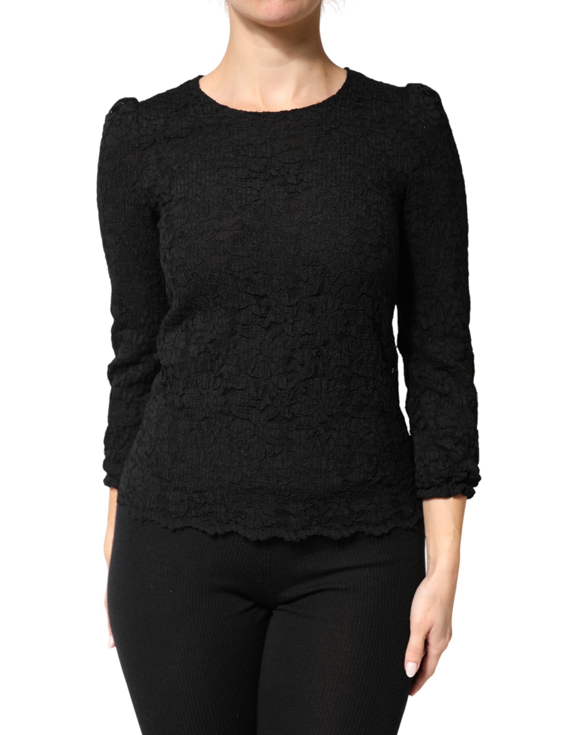 Dolce & Gabbana Black Floral Lace Silk Round Neck Blouse Top