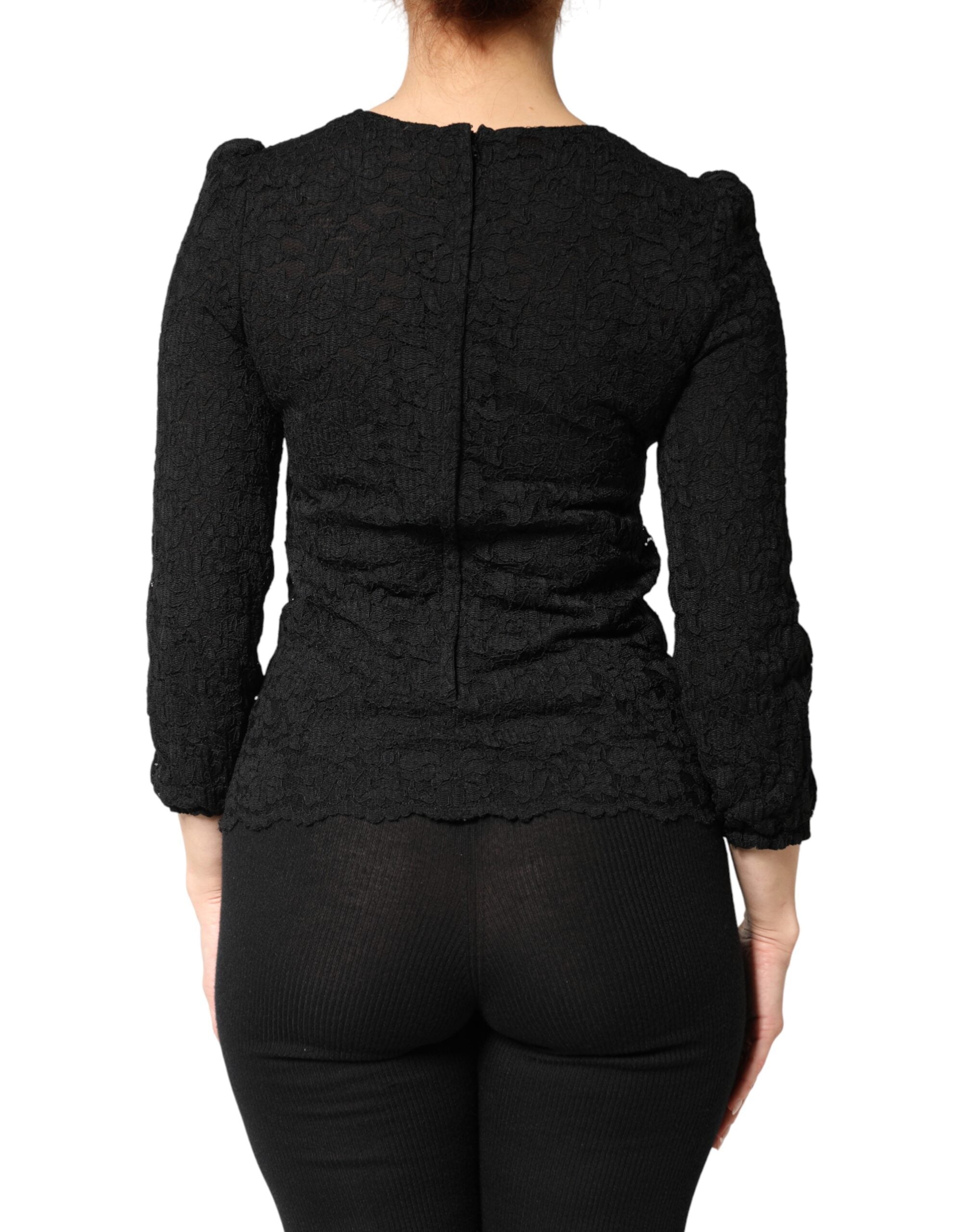 Dolce & Gabbana Black Floral Lace Silk Round Neck Blouse Top