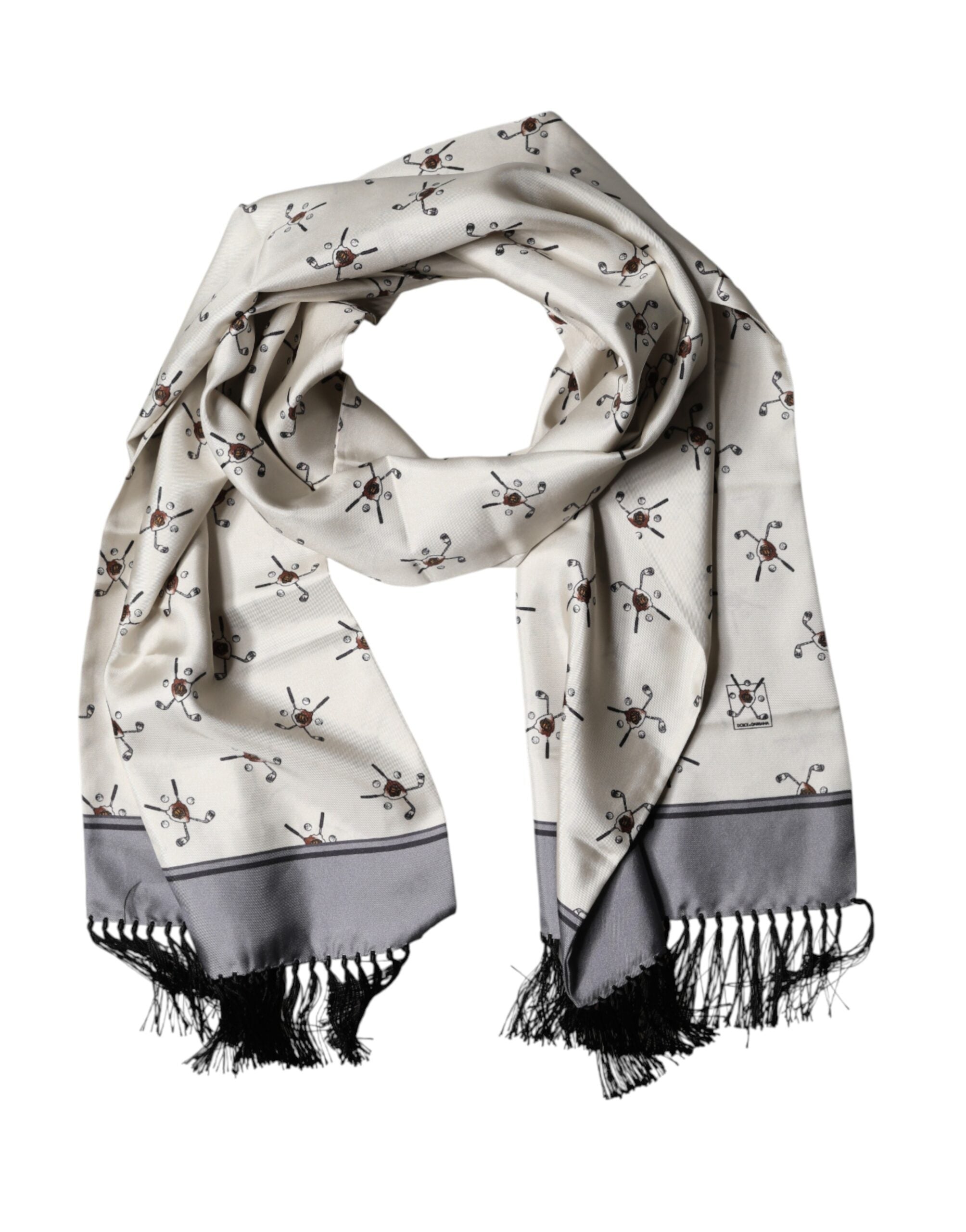 Dolce & Gabbana White Printed Fringes Wrap Foulard Men 183cm x 33cm Scarf