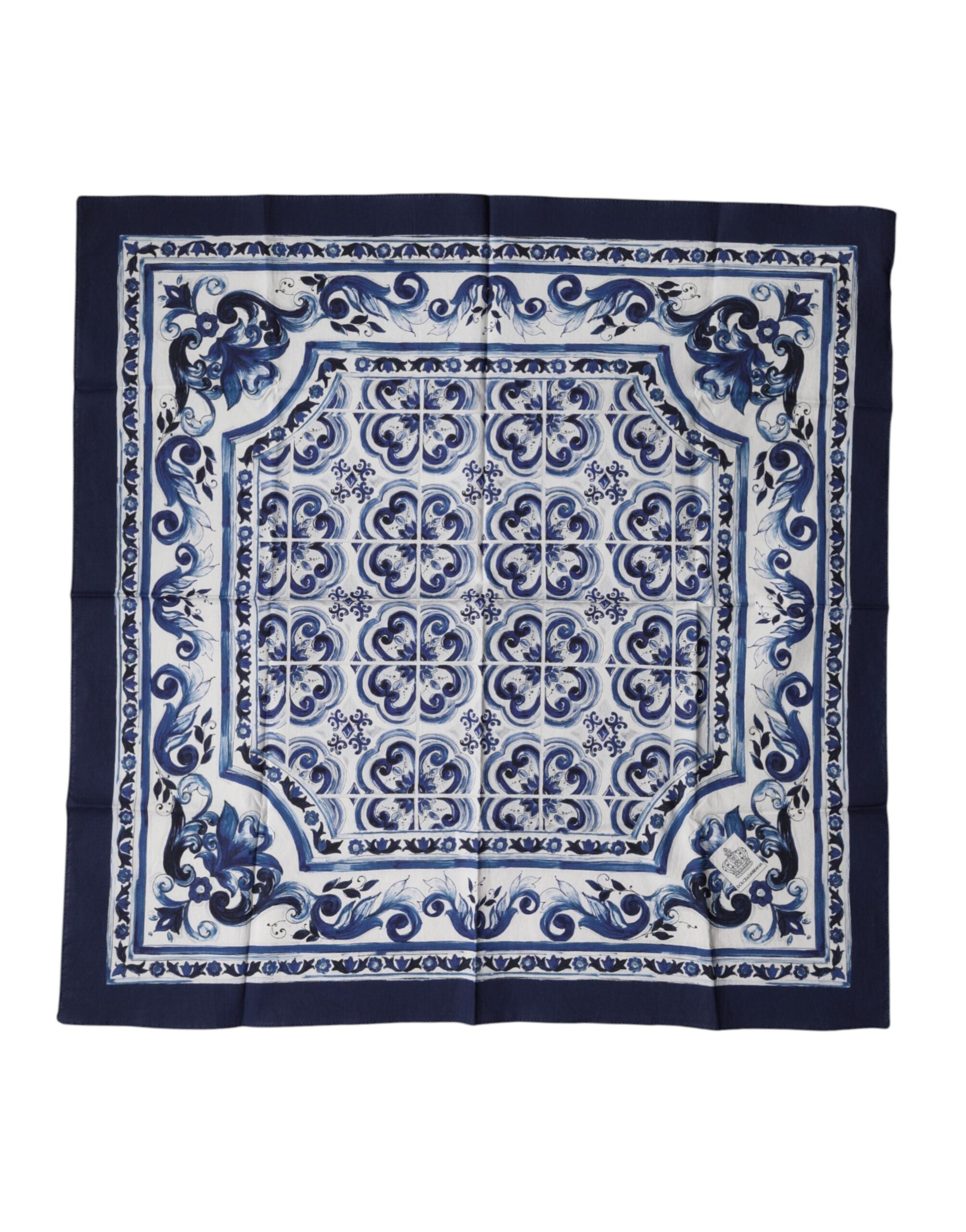Dolce & Gabbana Blue Majolica Cotton Square Lace Stole 53cm x 53cm Scarf