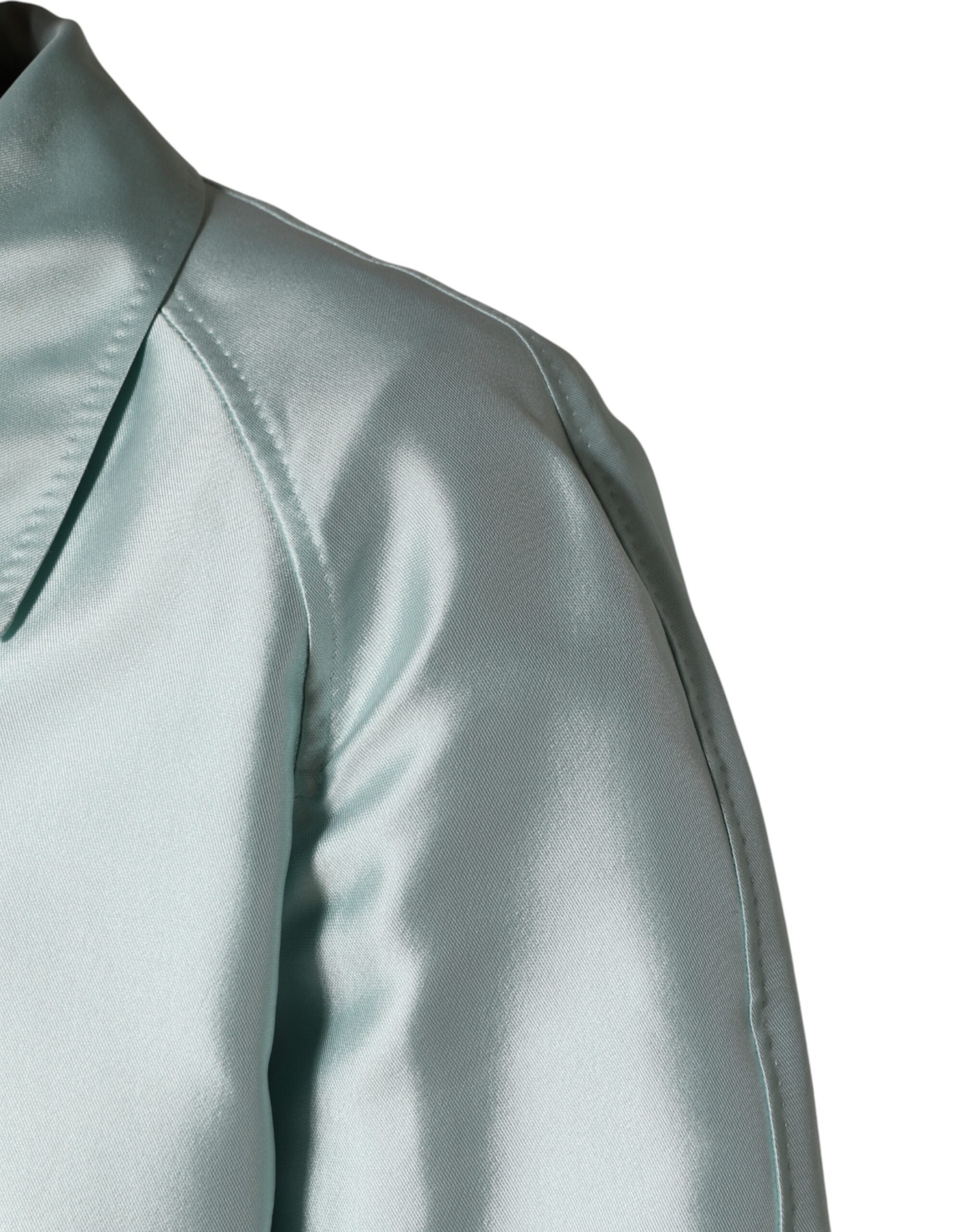 Dolce & Gabbana Teal Satin Collared Long Trench Coat Jacket