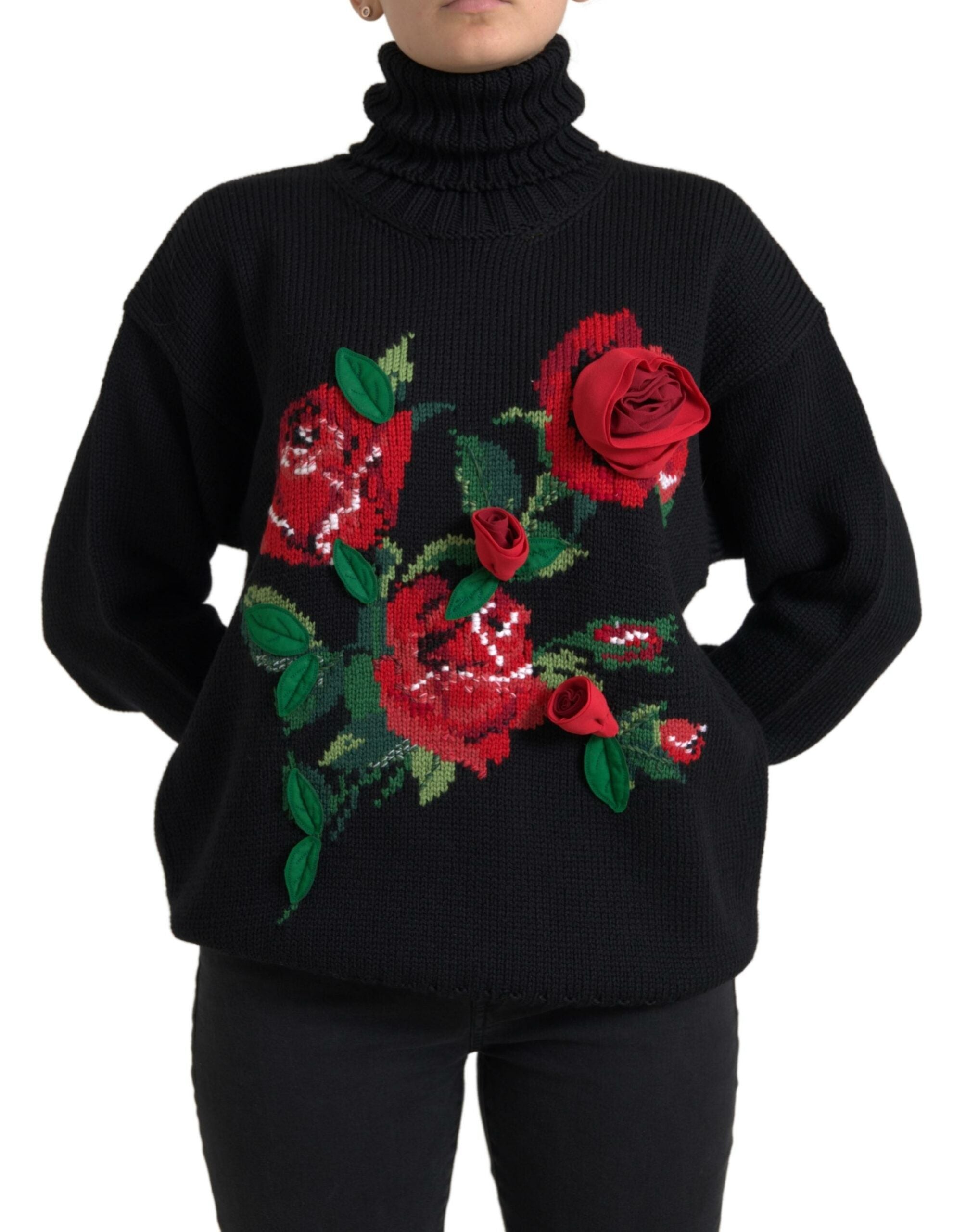 Elegant Floral Knitted Wool-Cashmere Sweater