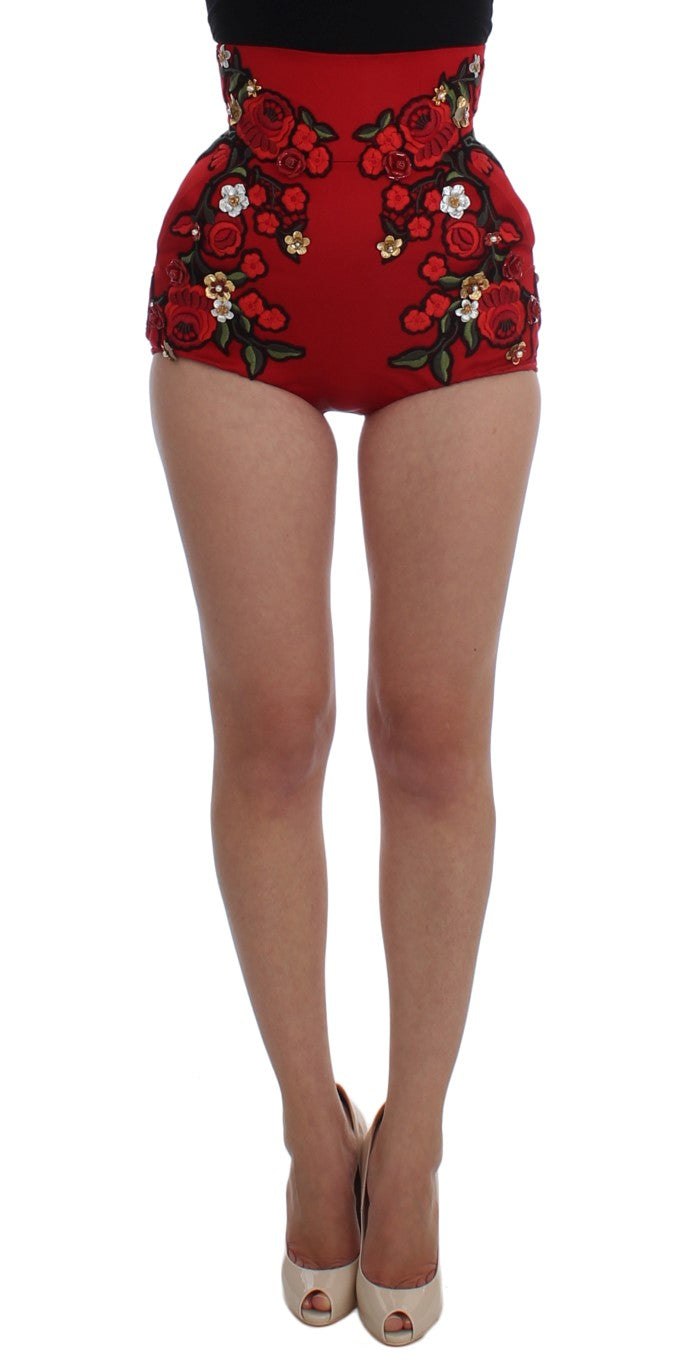 Glamorous Red Silk Floral Embroidered Shorts