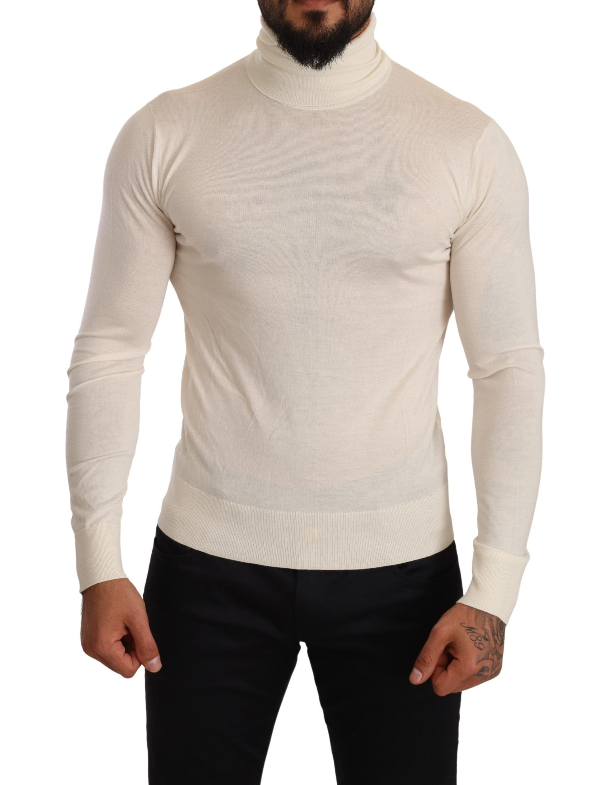 Ivory Cashmere-Silk Blend Turtleneck Sweater