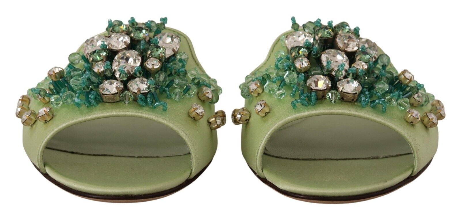 Elegant Crystal-Embellished Green Leather Slides