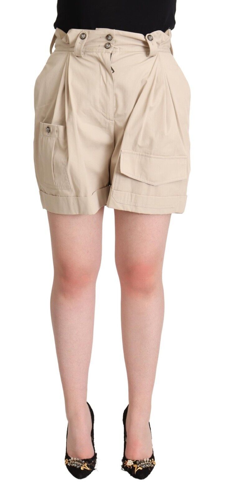 High-Waisted Beige Cargo Shorts