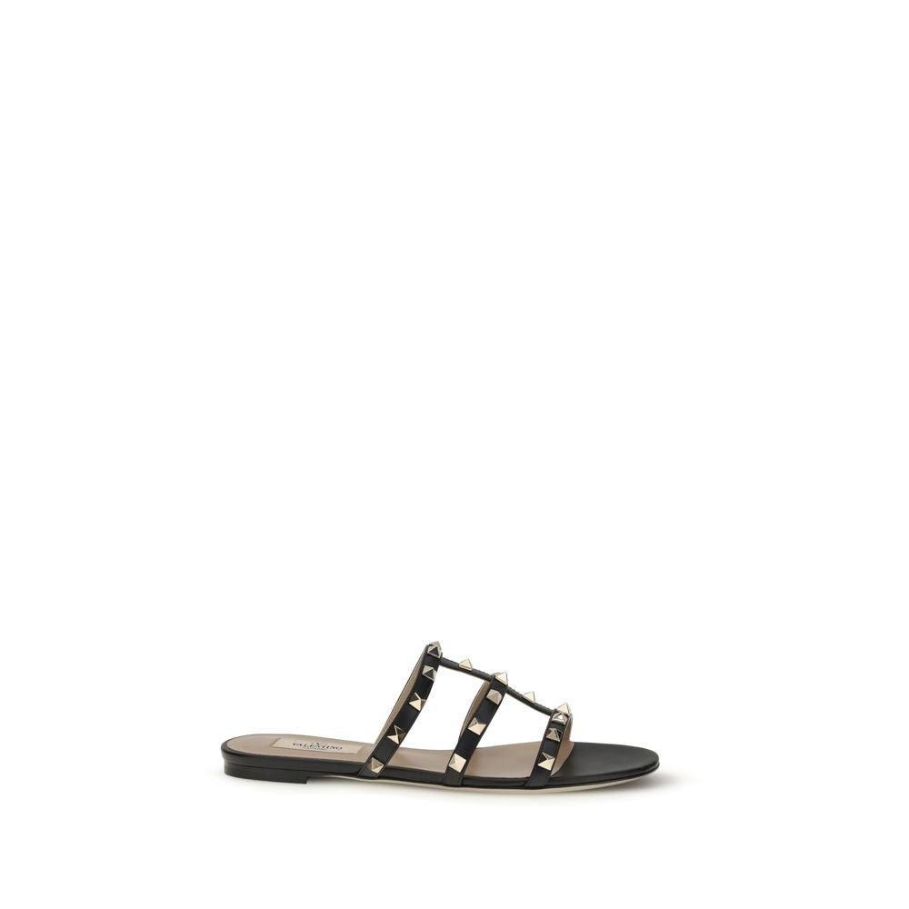Valentino Garavani Black Calf Leather Bos Taurus Flat Sandals